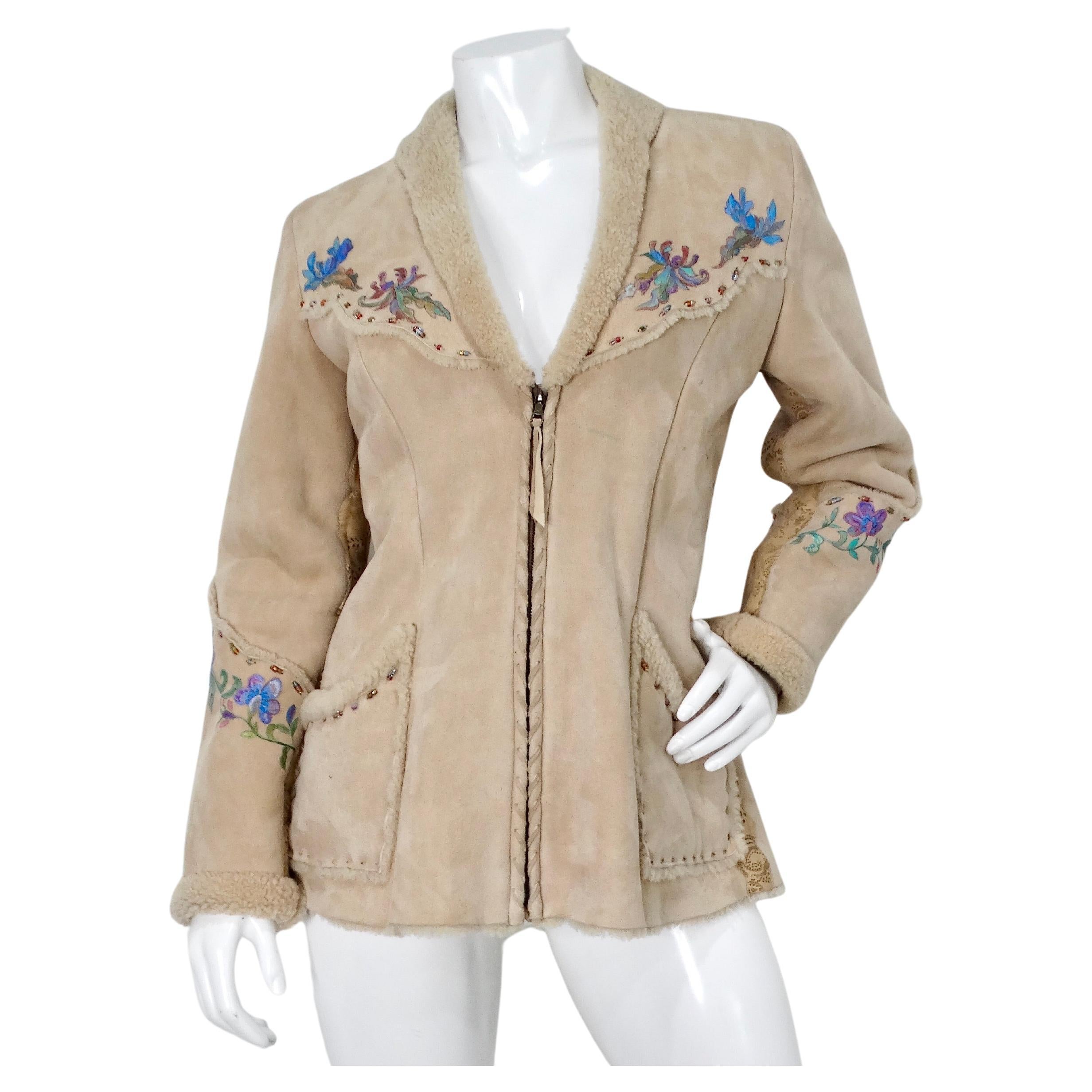 1970s Hand-Painted Floral Beige Suede Jacket With Faux Fur Trim For Sale