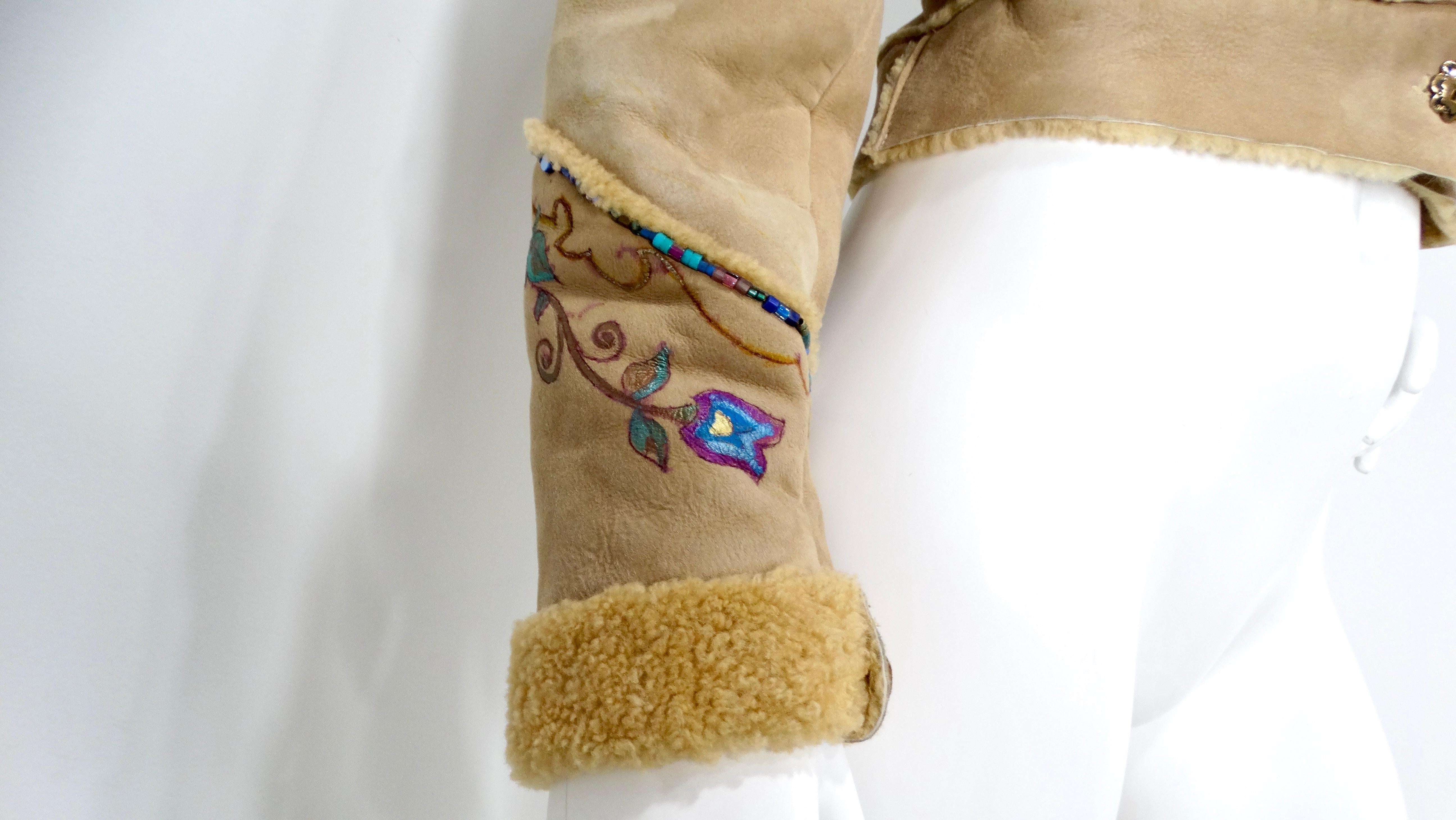1970s Hand-Painted Floral Tan Suede Jacket With Beads & Faux Fur Trim For Sale 5