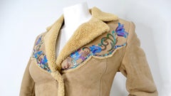 1970s Hand-Painted Floral Tan Suede Jacket With Beads & Faux Fur Trim