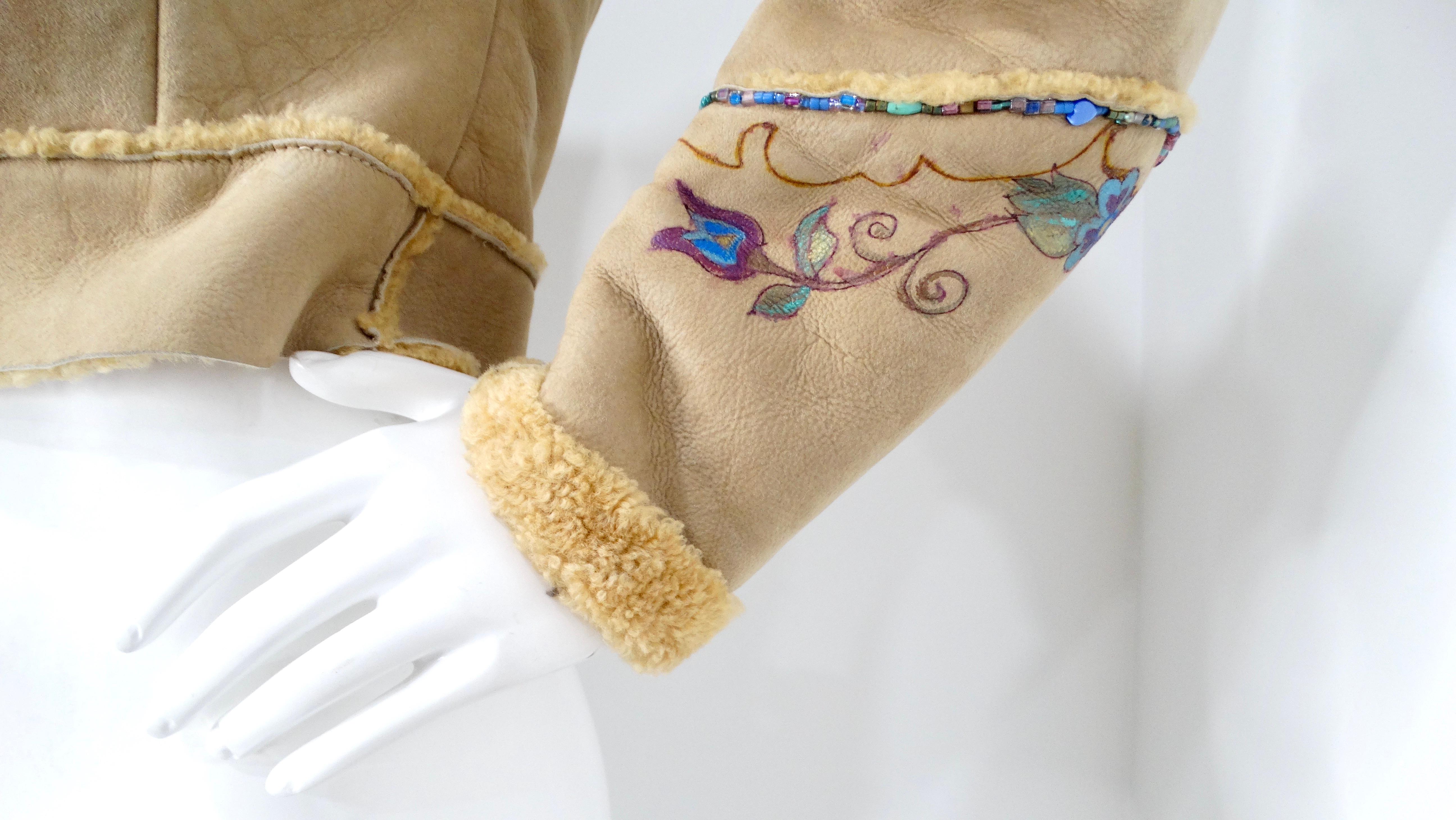 Beige 1970s Hand-Painted Floral Tan Suede Jacket With Beads & Faux Fur Trim For Sale