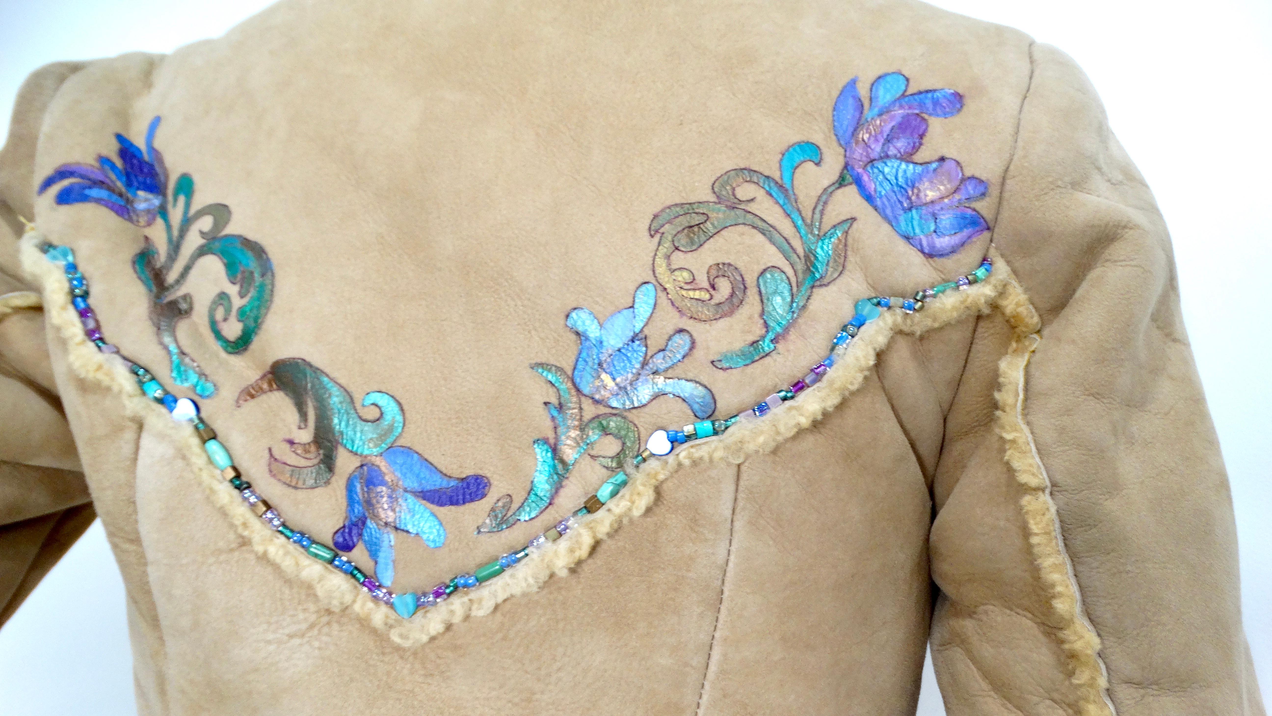 1970s Hand-Painted Floral Tan Suede Jacket With Beads & Faux Fur Trim For Sale 1
