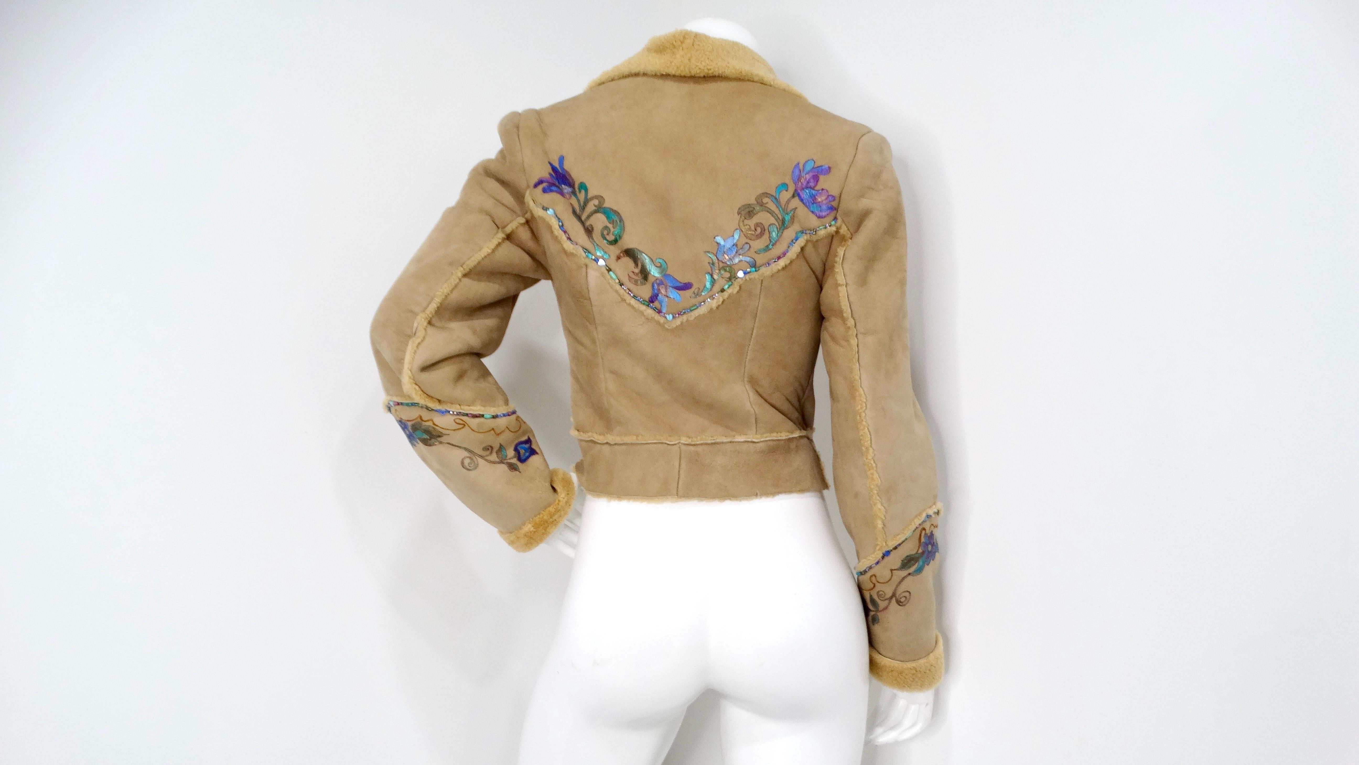 1970s Hand-Painted Floral Tan Suede Jacket With Beads & Faux Fur Trim For Sale 2