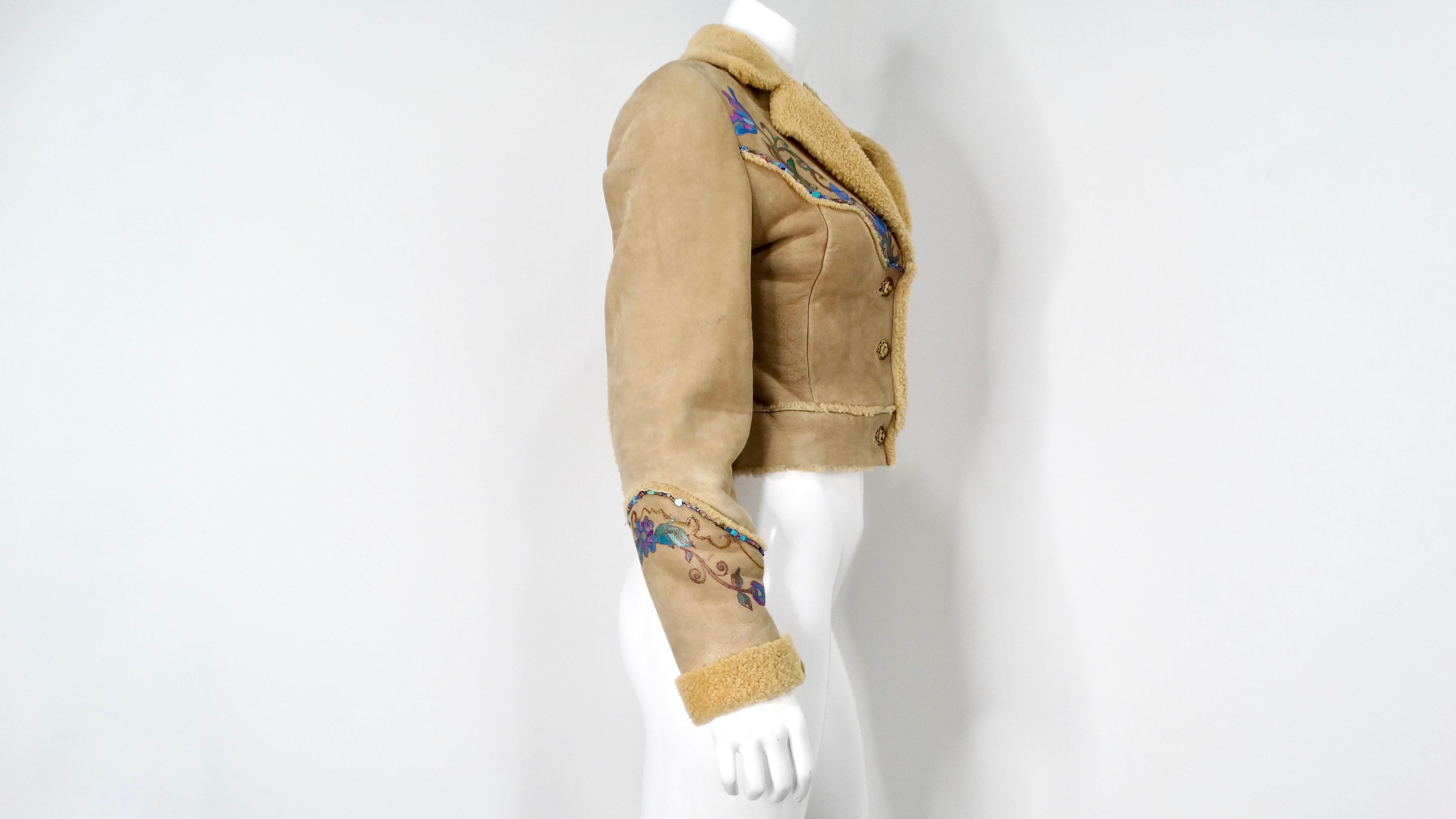 1970s Hand-Painted Floral Tan Suede Jacket With Beads & Faux Fur Trim For Sale 4