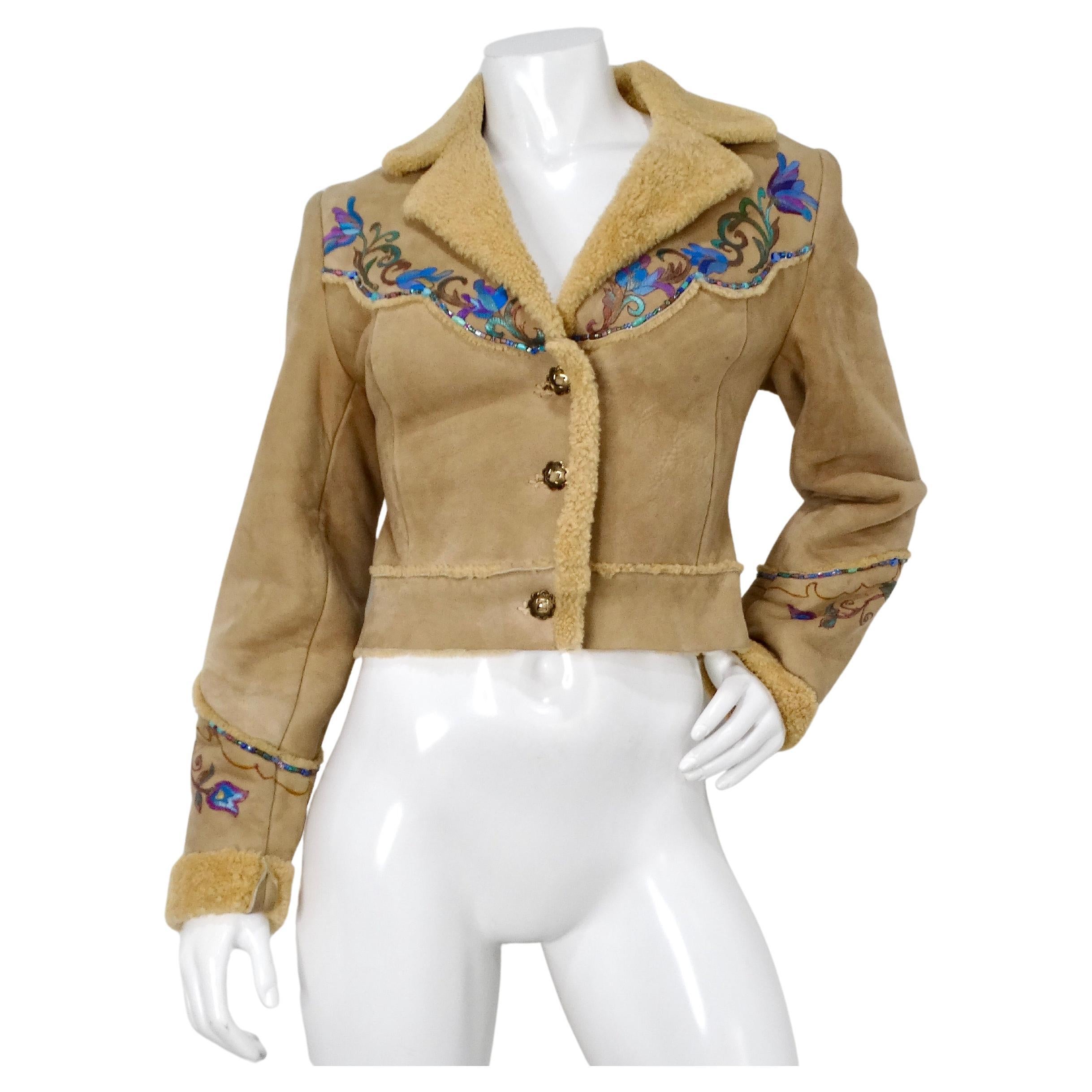 1970s Hand-Painted Floral Tan Suede Jacket With Beads & Faux Fur Trim For Sale