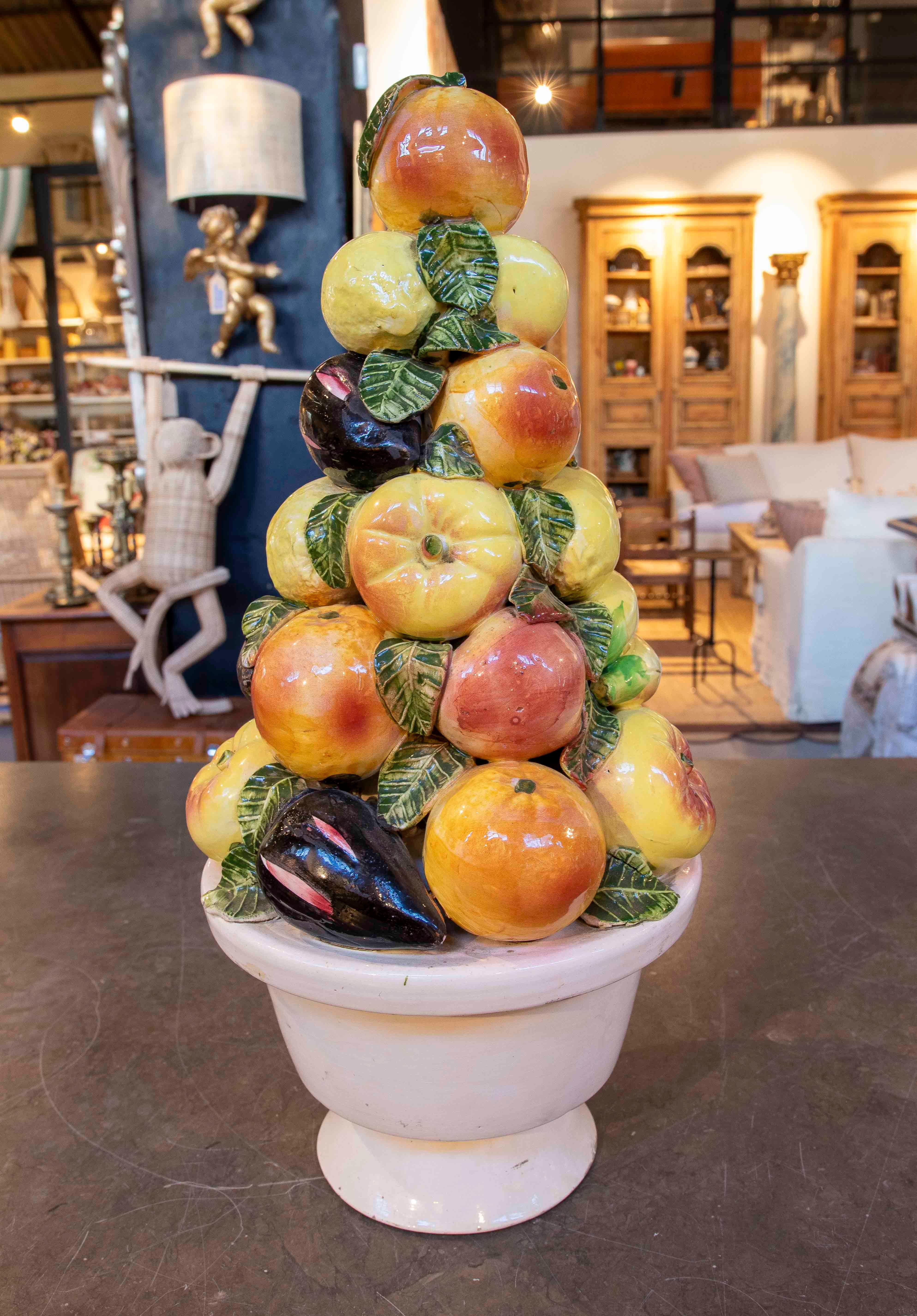Spanish 1970s  Hand-Painted Glazed Ceramic Centerpiece with Fruits For Sale