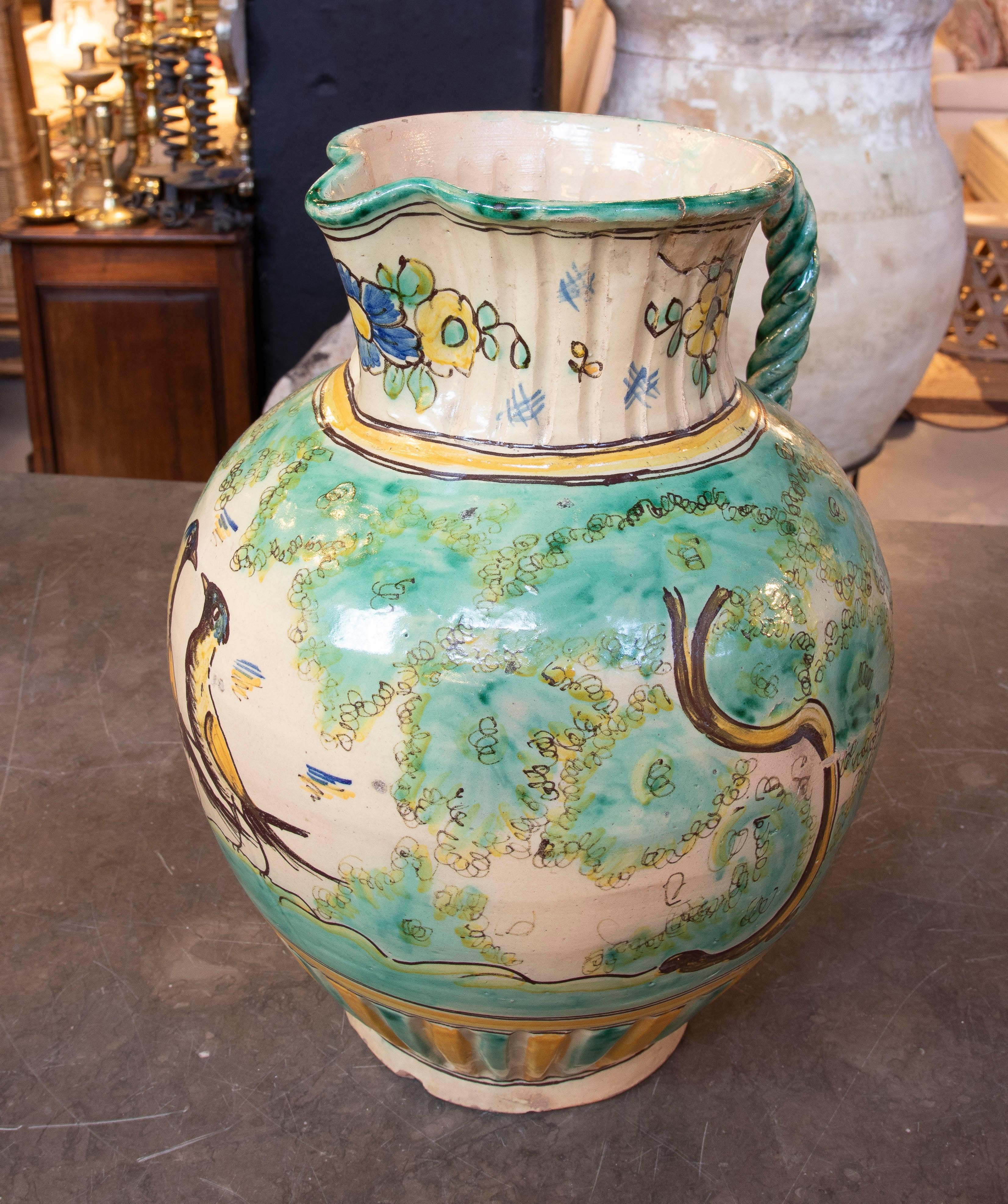 20th Century 1970s Hand-painted Glazed Spanish Ceramic Jug from Puente del Arzobispo. For Sale