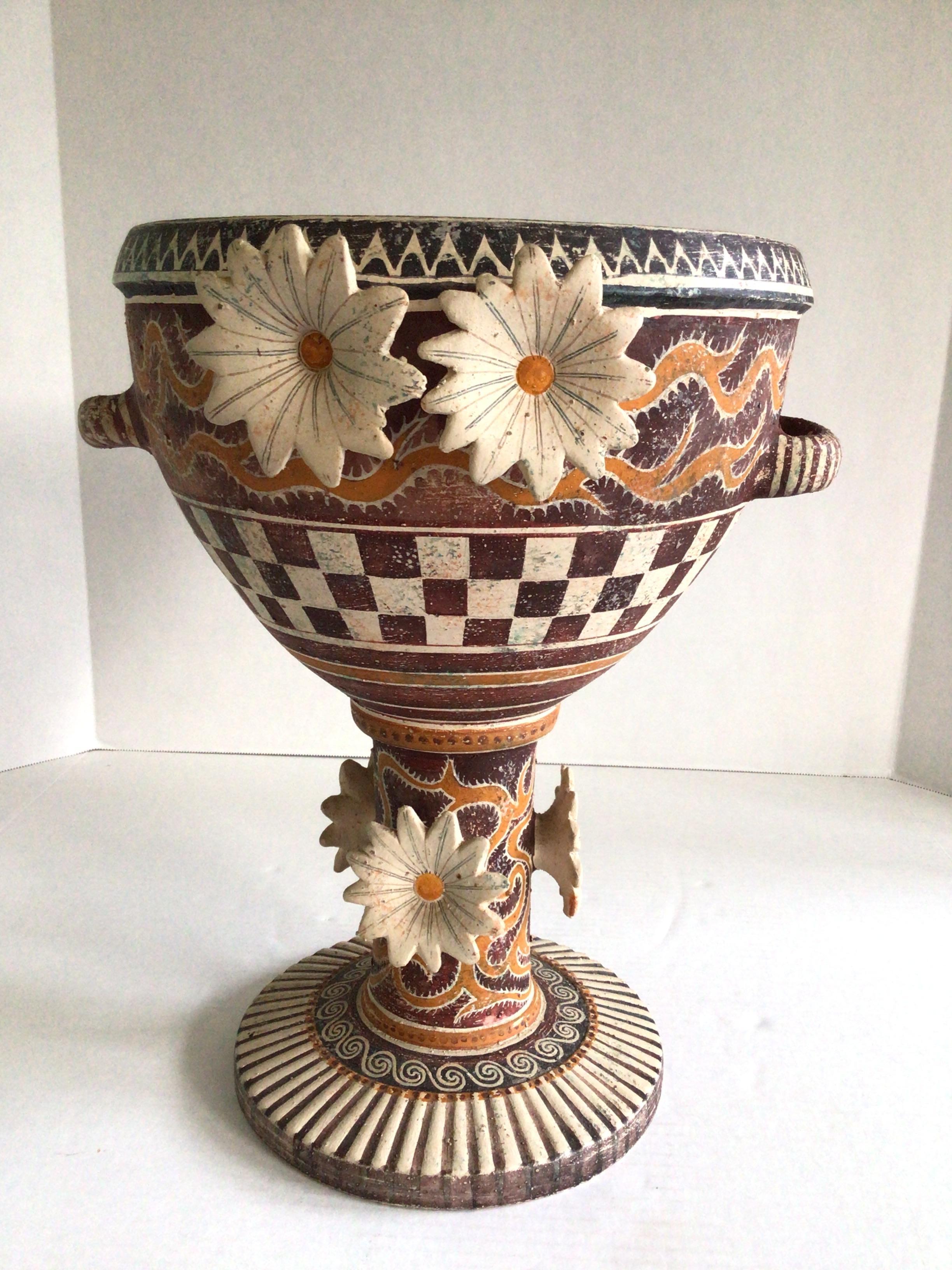 1970s Hand Painted Classical Greek Bowl Adorned With Hand Painted Flowers is a Musem Replica
Note on base:
    Hand painting by Kostas Tsekouras “Antica” Delphi
    A 