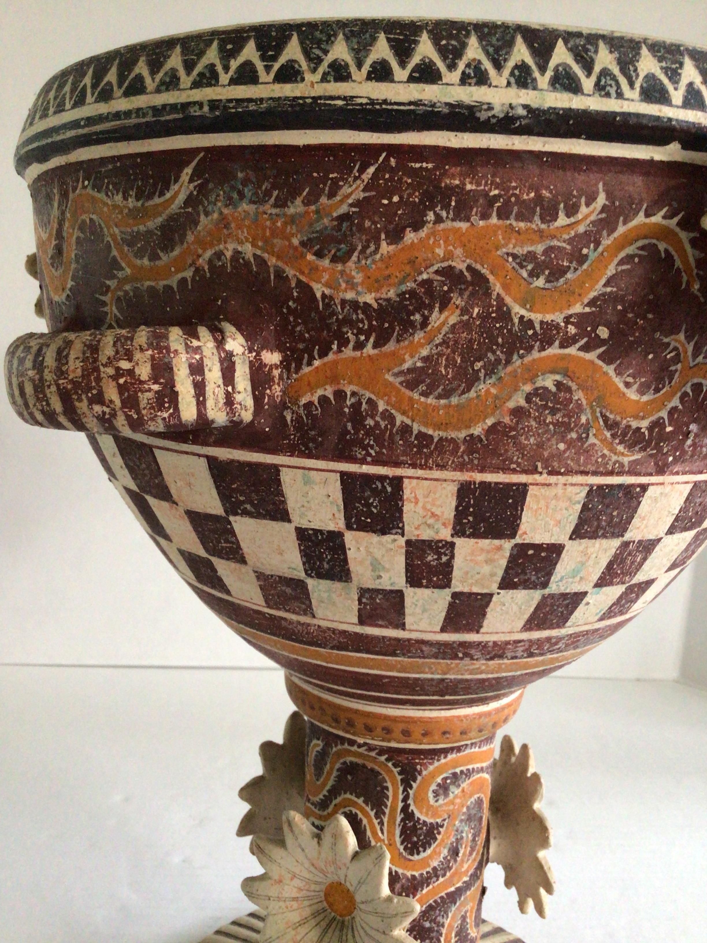 1970s Hand Painted Greek Bowl Adorned With Hand Painted Flowers In Good Condition For Sale In Tarrytown, NY
