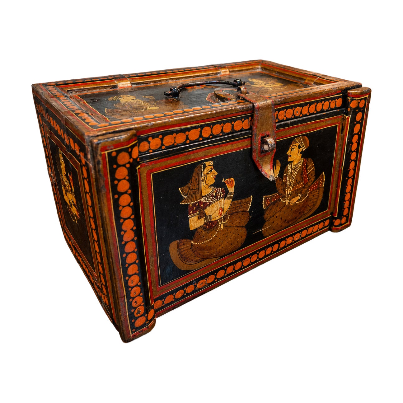 1970s Hand-painted Indian Artisanal Box with Traditional Scenes & Metal Fitting For Sale