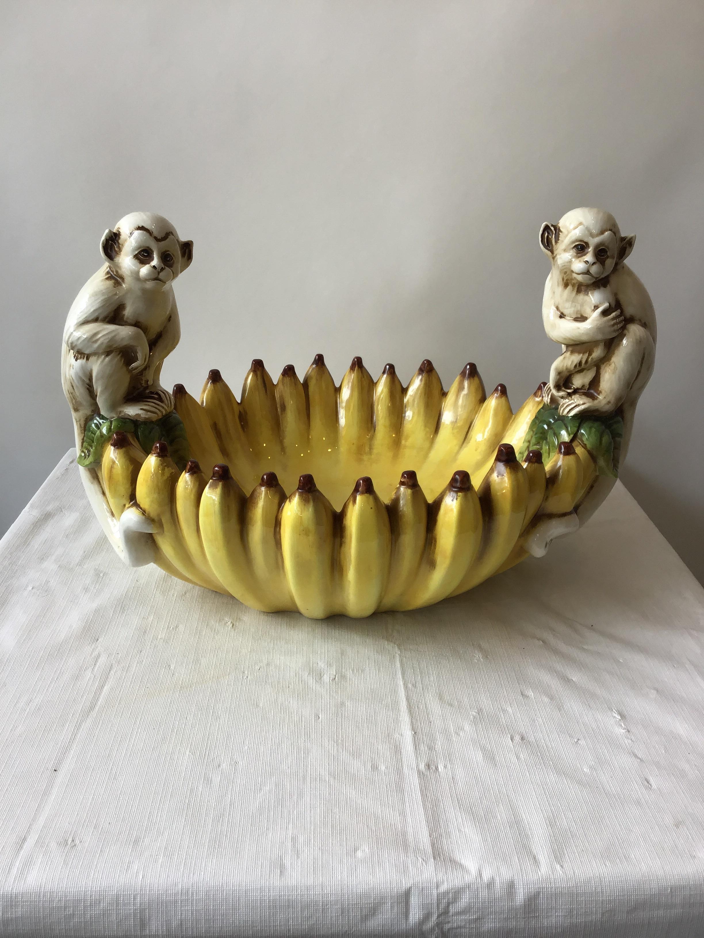 1970s hand painted Italian ceramic monkey bowl made for Gumps.