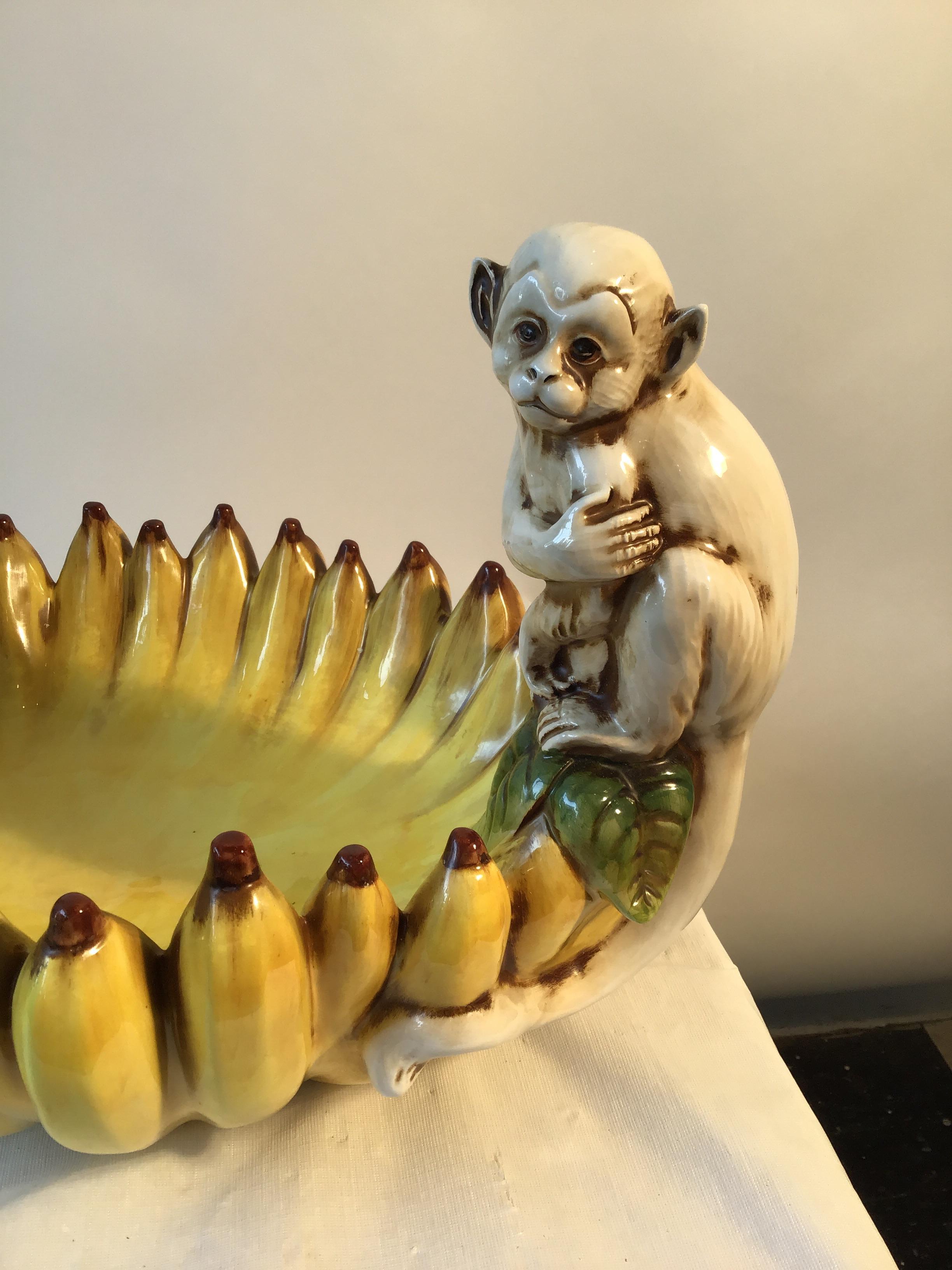 1970s Hand Painted Italian Ceramic Monkey Bowl Made for Gumps In Good Condition In Tarrytown, NY