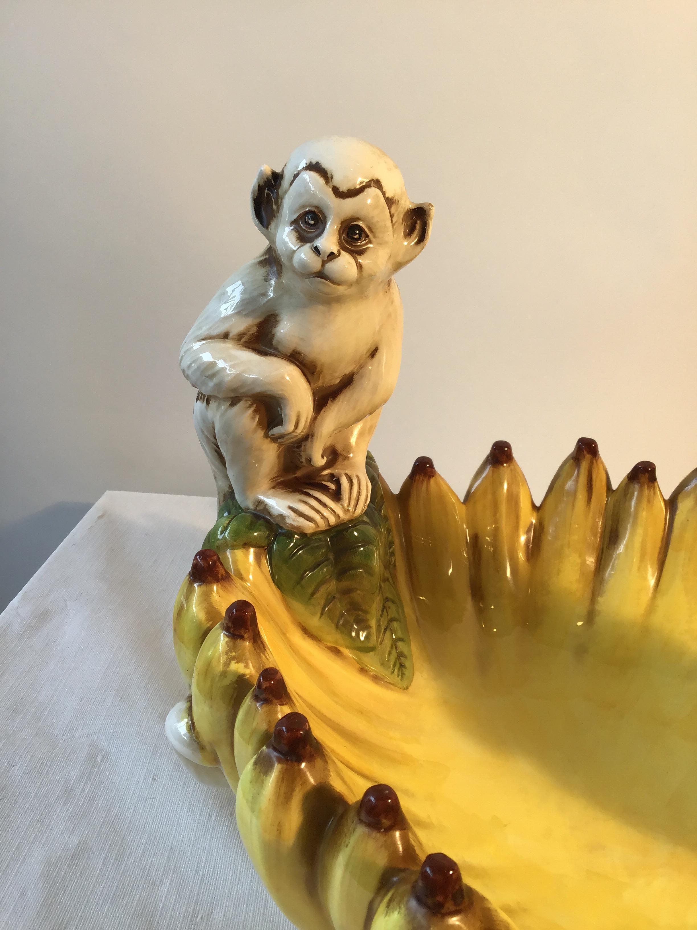 Late 20th Century 1970s Hand Painted Italian Ceramic Monkey Bowl Made for Gumps