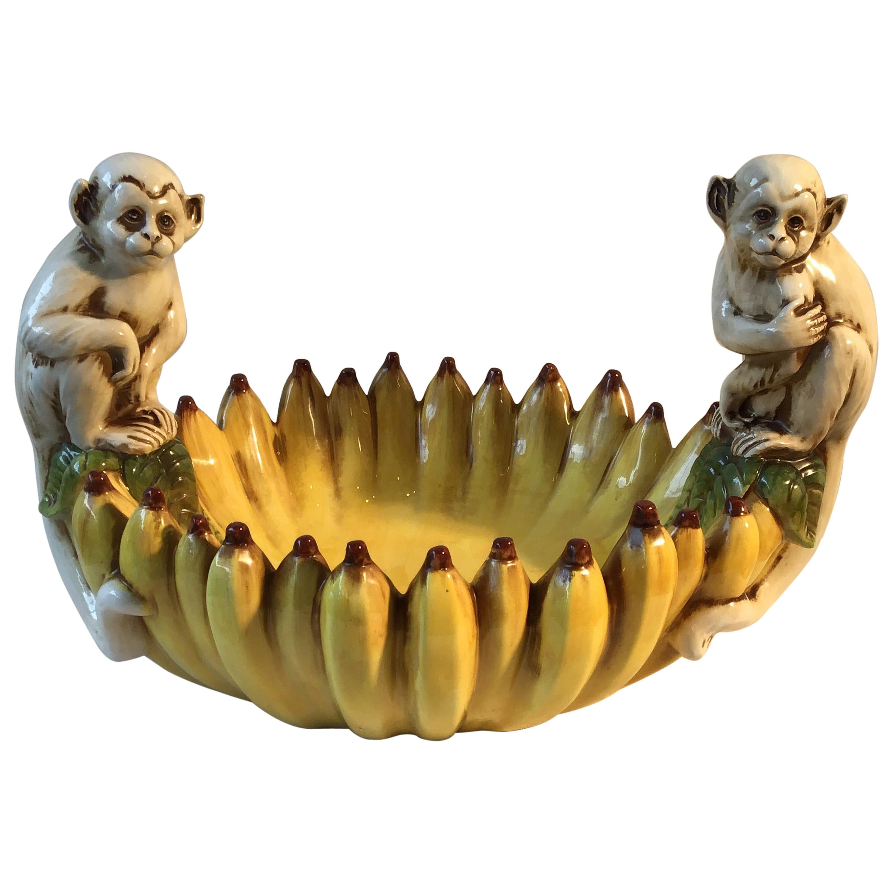 1970s Hand Painted Italian Ceramic Monkey Bowl Made for Gumps