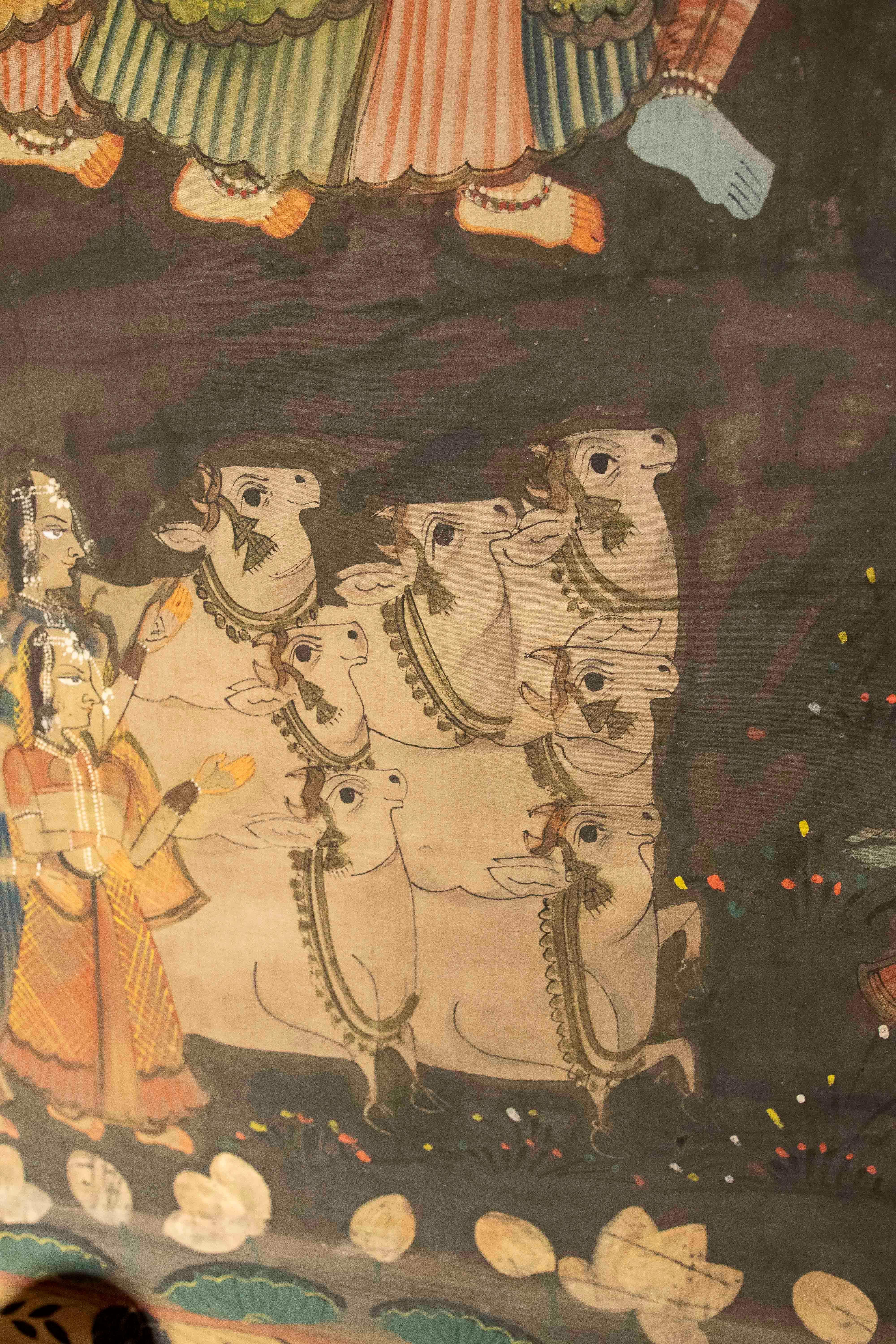 Pittura su tela dipinta a mano degli anni '70 con personaggi dell'Indo e cornice in bambù in vendita 10