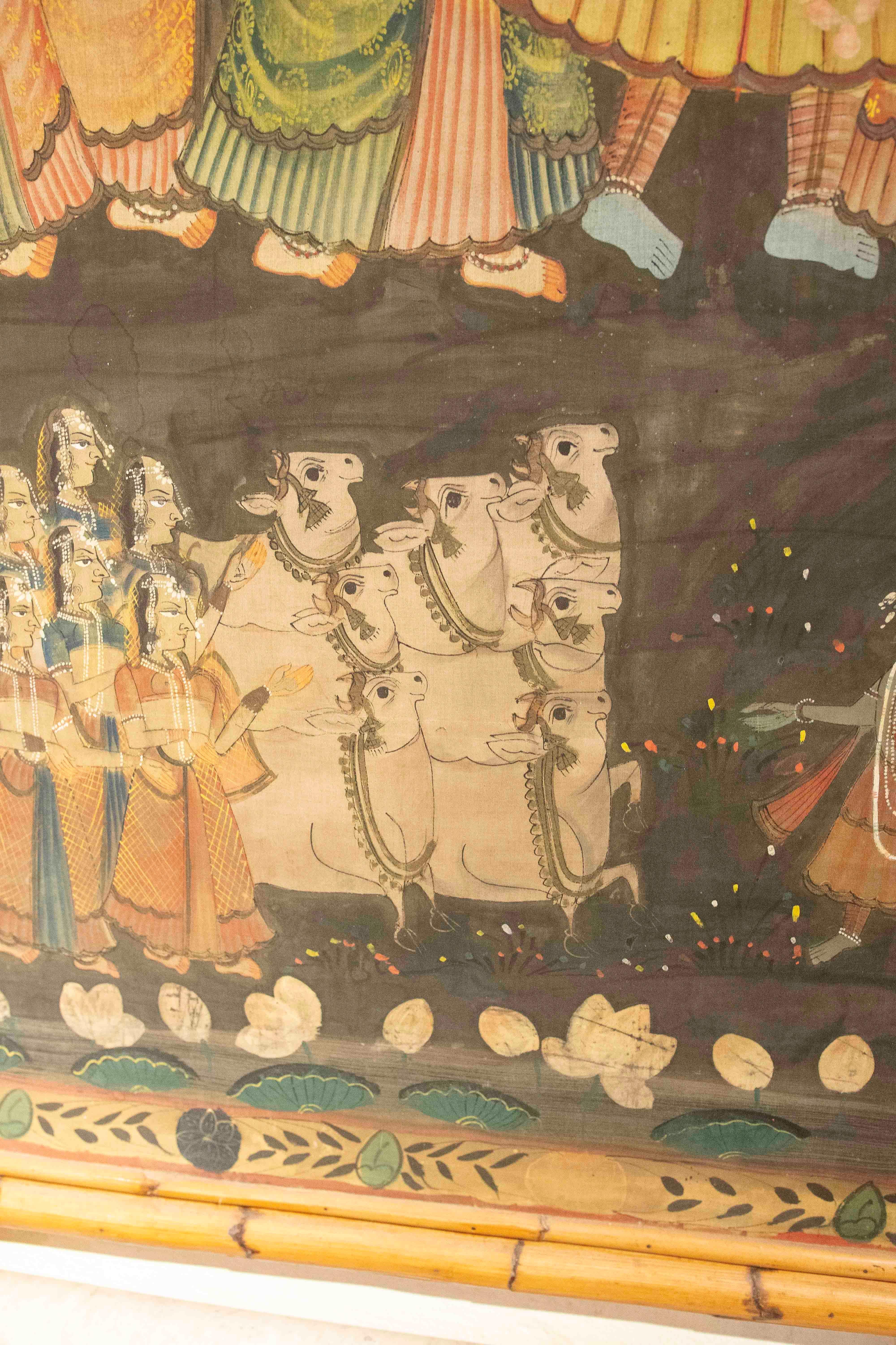 Pittura su tela dipinta a mano degli anni '70 con personaggi dell'Indo e cornice in bambù In condizioni buone in vendita a Marbella, ES