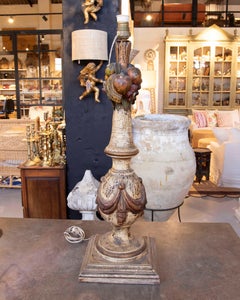 1970s Hand Painted Table Lamp Carved in Wood with Fruit