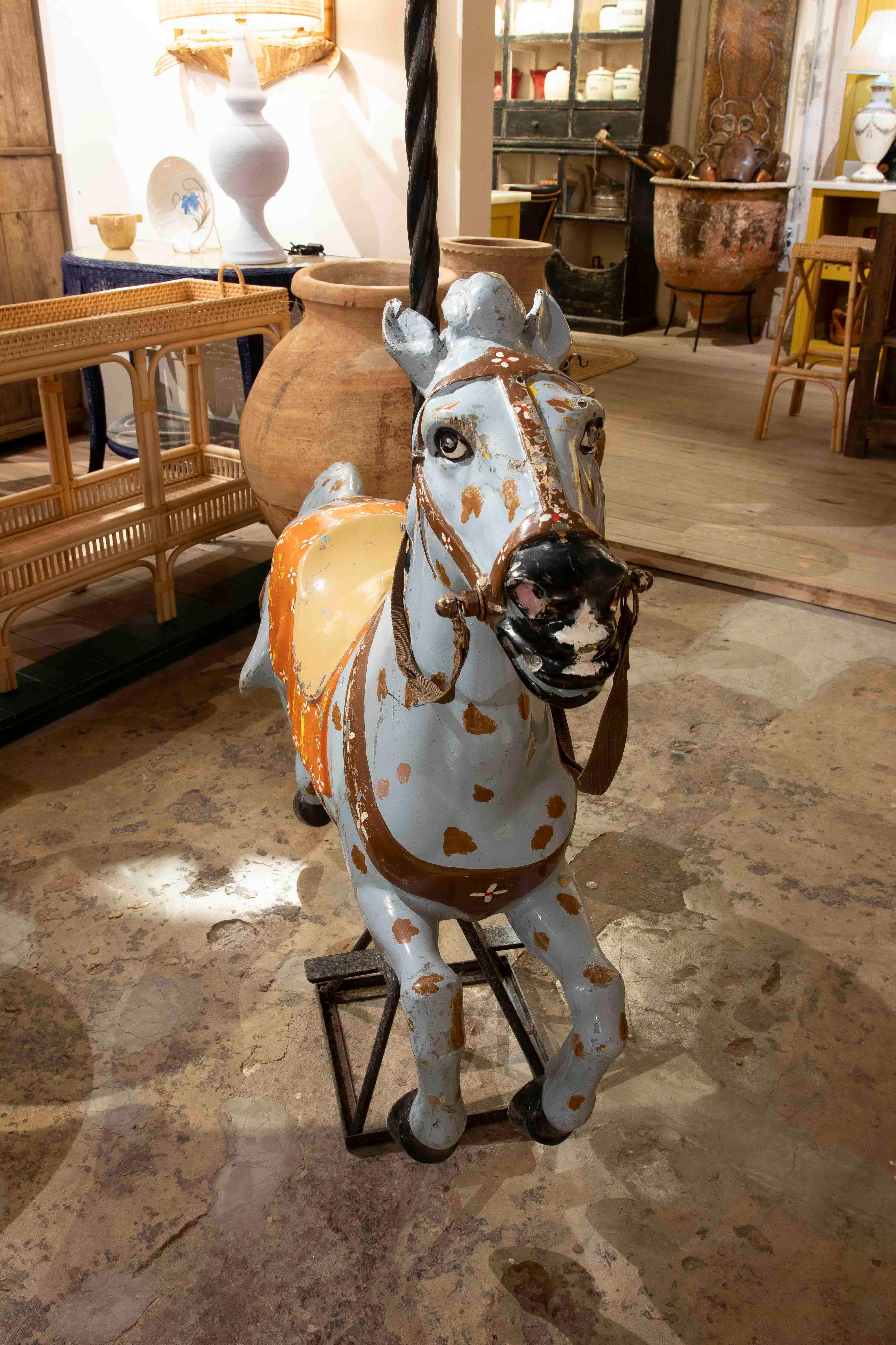 Iron 1970s Hand Painted Vintage carousel Horse with Decorative Sphere For Sale