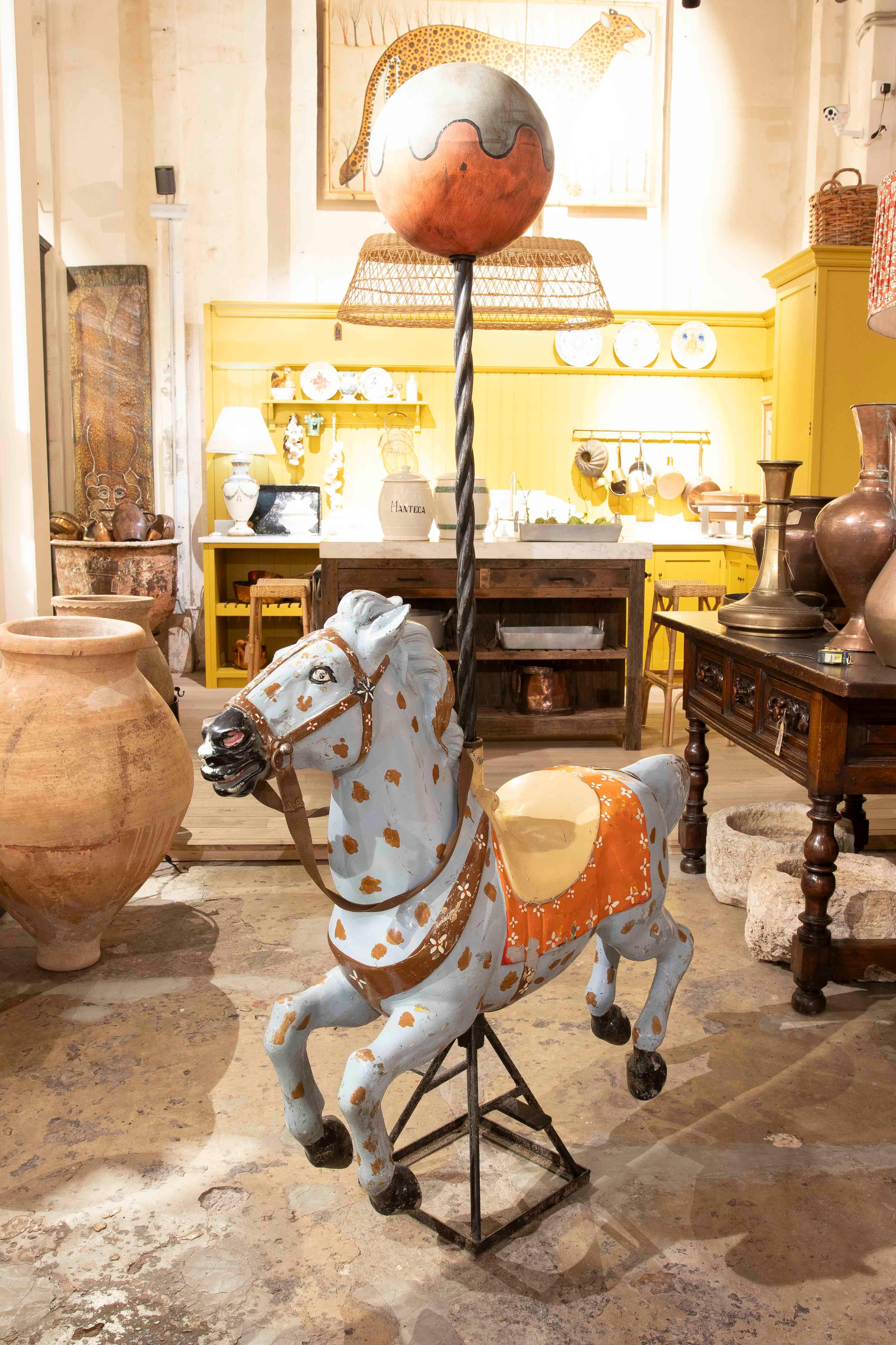 1970s Hand Painted Vintage carousel Horse with Decorative Sphere For Sale 1