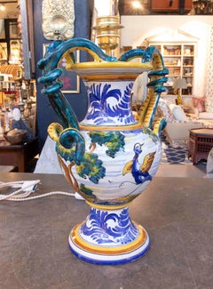 1970s Hand-Painted with Handles Spanish Talavera Ceramic Table Lamp