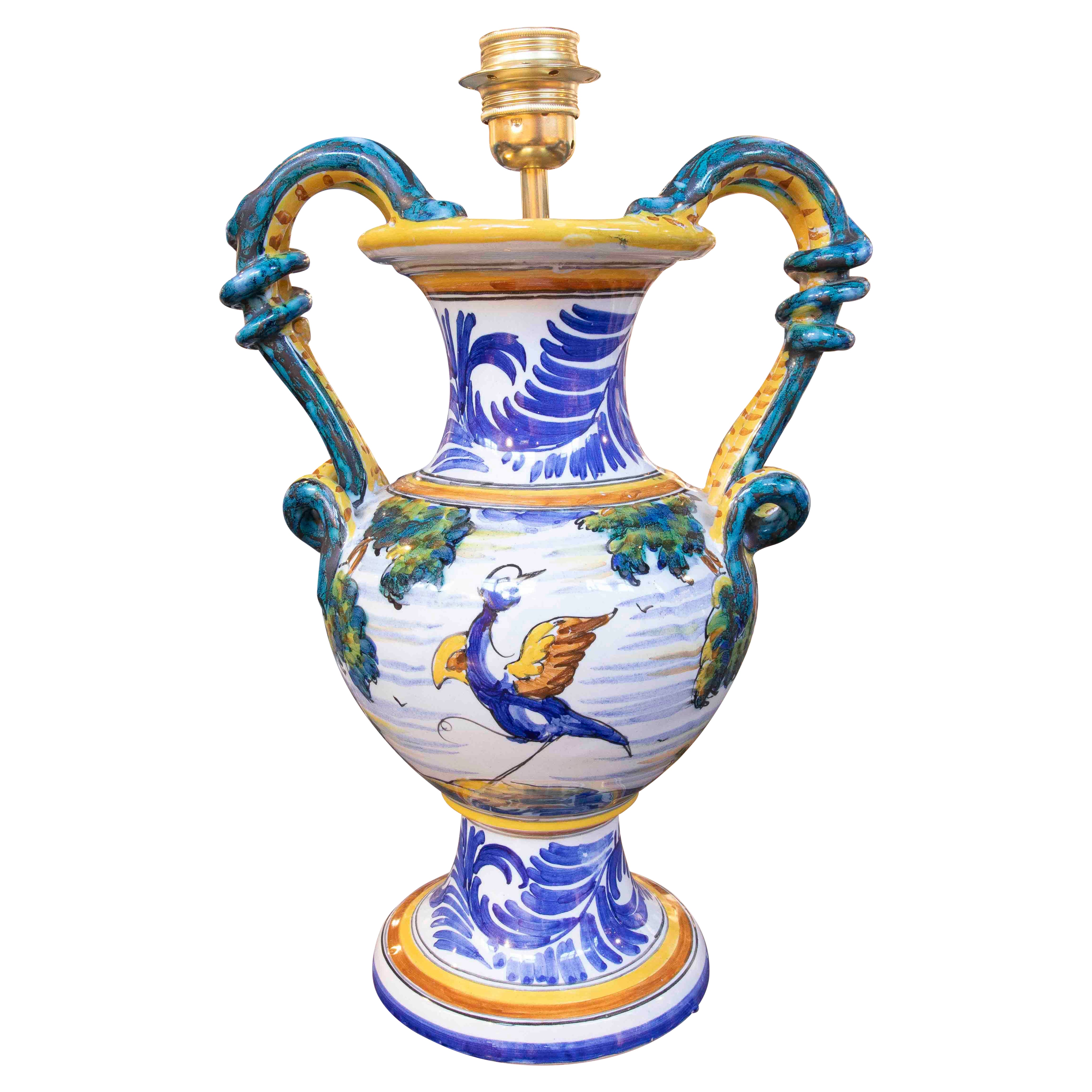 1970s Hand-Painted with Handles Spanish Talavera Ceramic Table Lamp For Sale