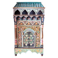 1970s Hand Painted Wooden Wall Mirror Imitating Moorish Building Architecture