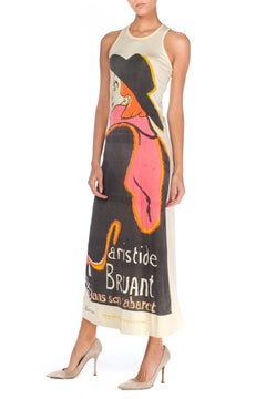 1970S Hand Printed Polyester Jersey Toulouse Lautrec Aristide Bruant Maxi Dress