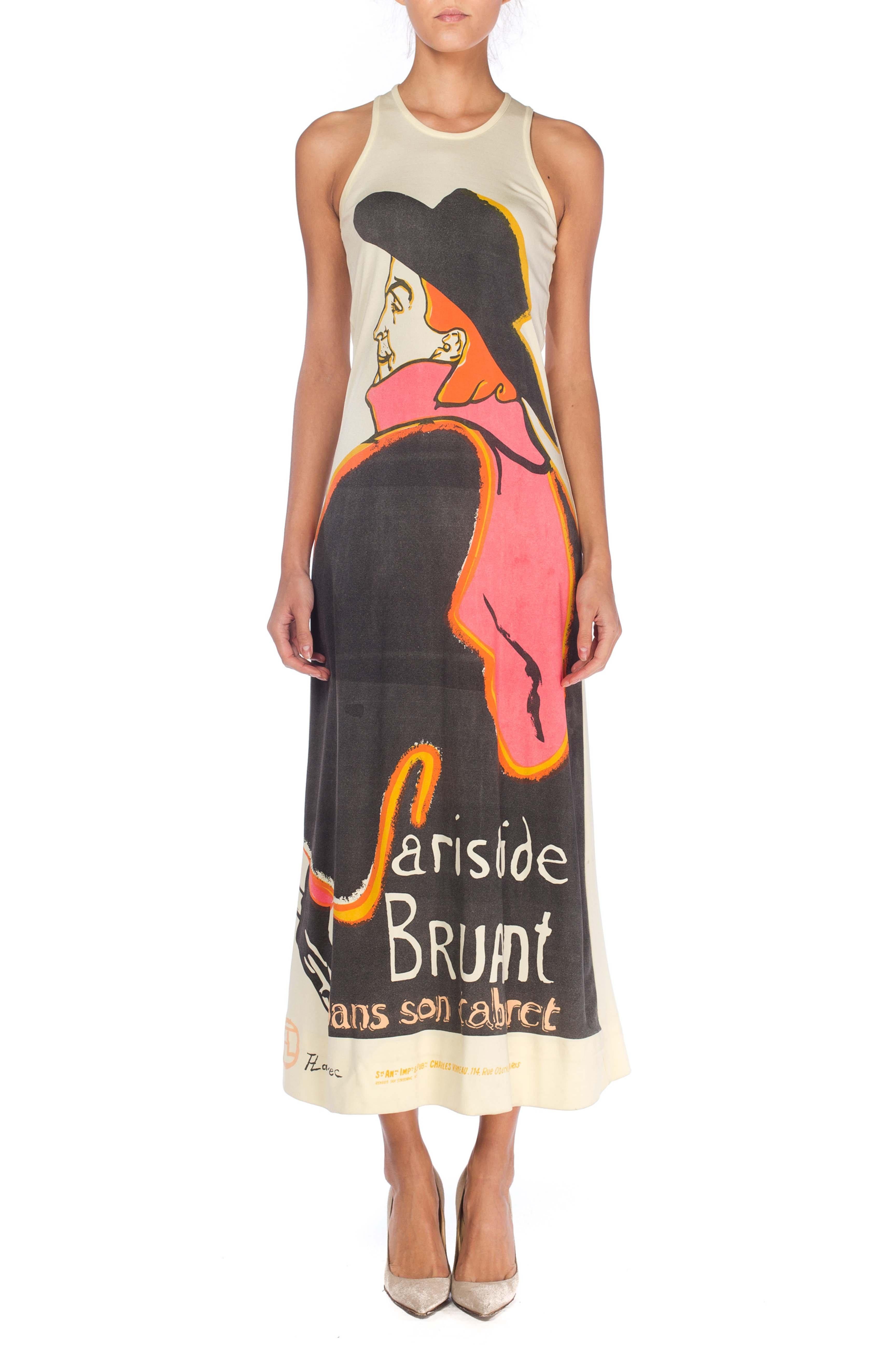 Women's 1970S Hand Printed Polyester Jersey Toulouse Lautrec Aristide Bruant Maxi Dress
