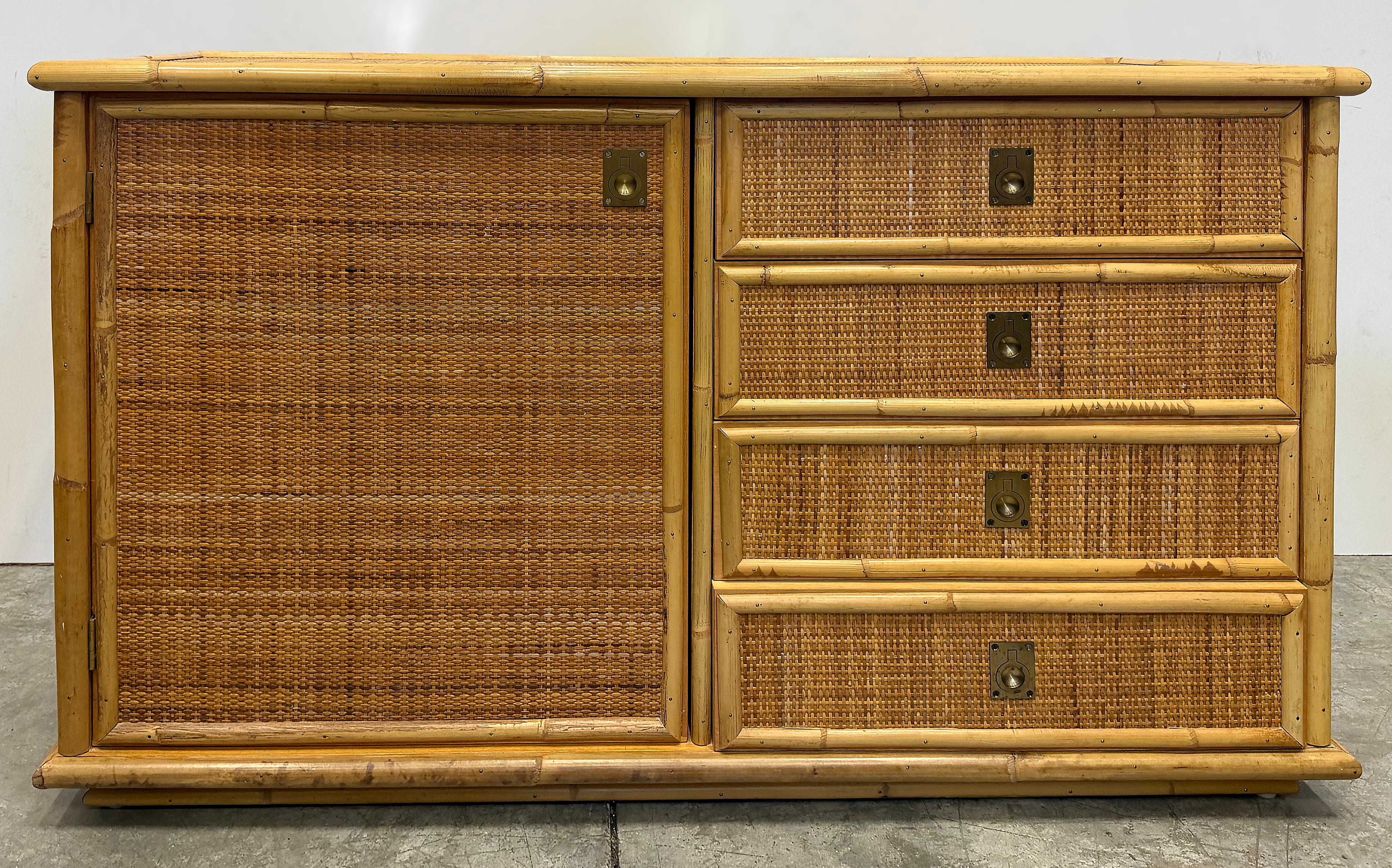 Brass 1970s Hand Woven Rattan Cabinet by Dal Vera, Made in Italy, Signed For Sale