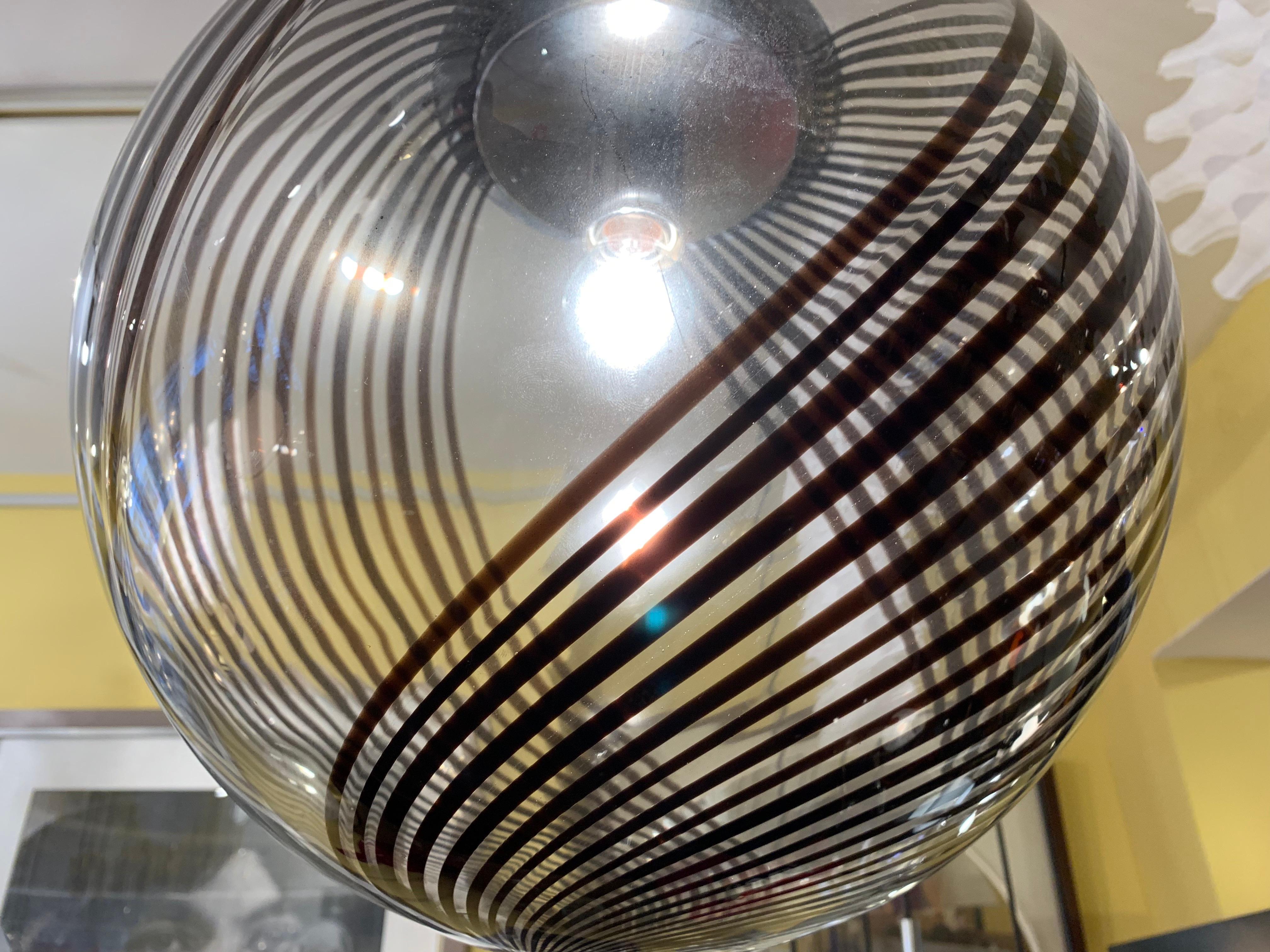Italian 1970s Handblown Venini Style Black Swirled Glass Globe Ceiling Pendant Light