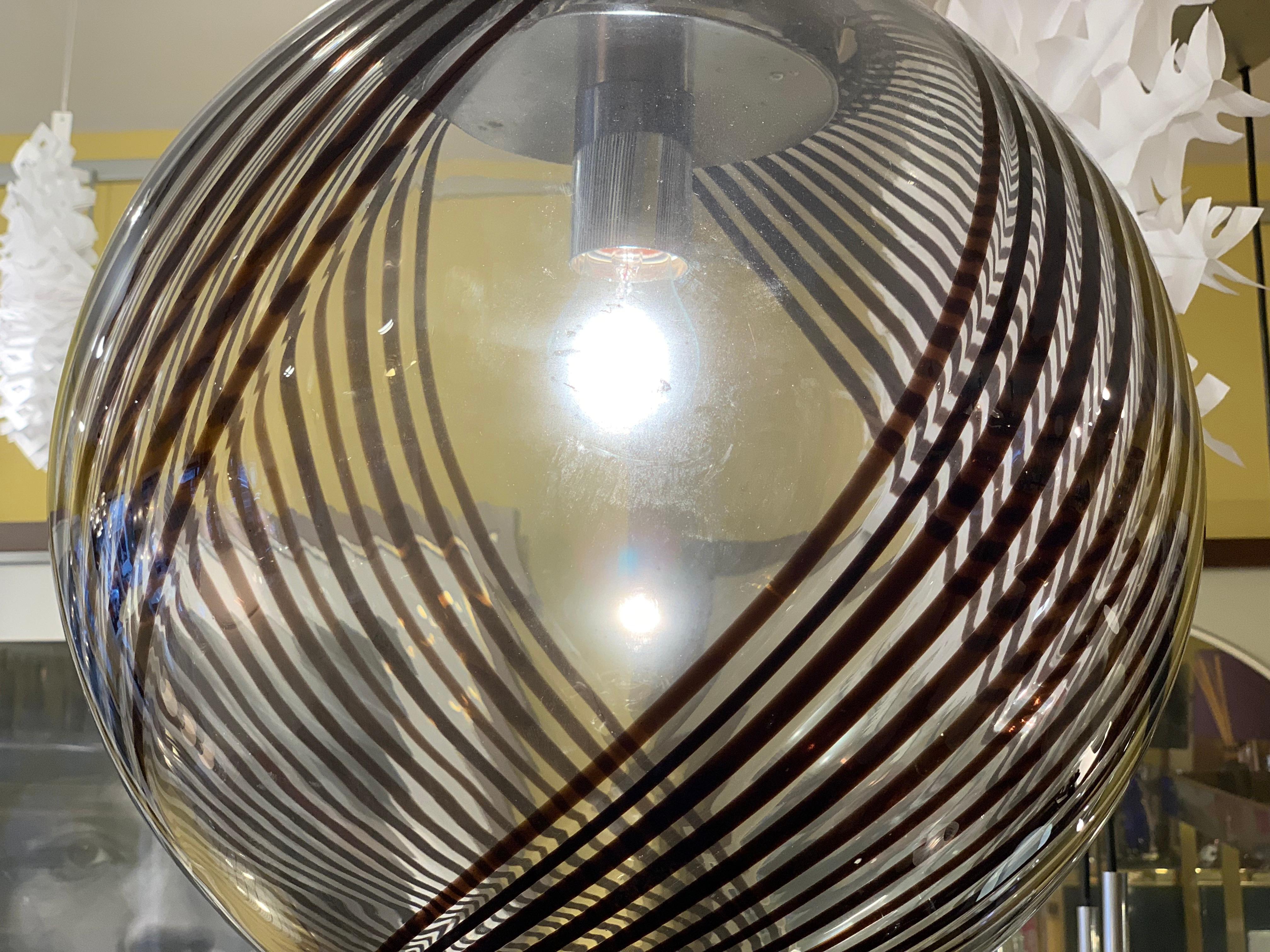 Late 20th Century 1970s Handblown Venini Style Black Swirled Glass Globe Ceiling Pendant Light