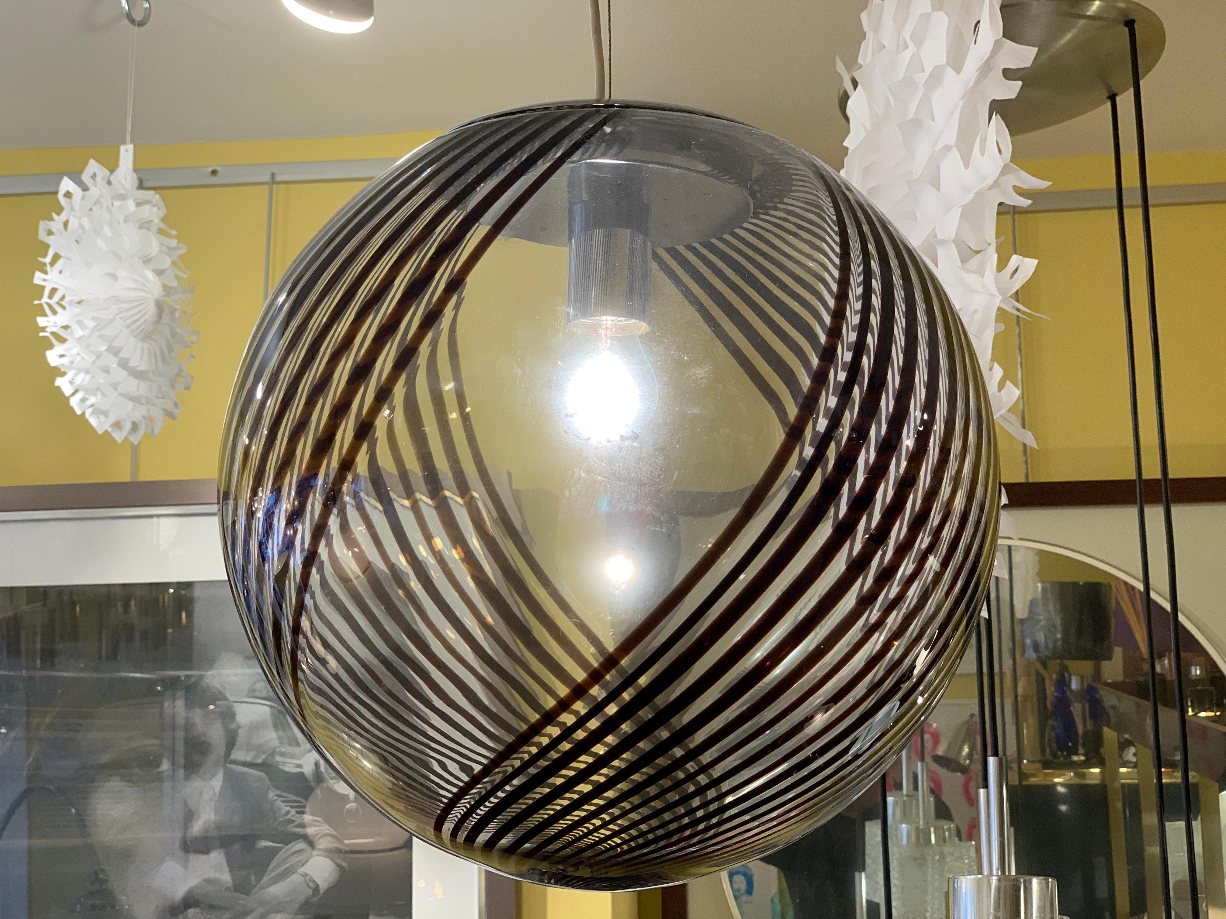 Wire 1970s Handblown Venini Style Black Swirled Glass Globe Ceiling Pendant Light