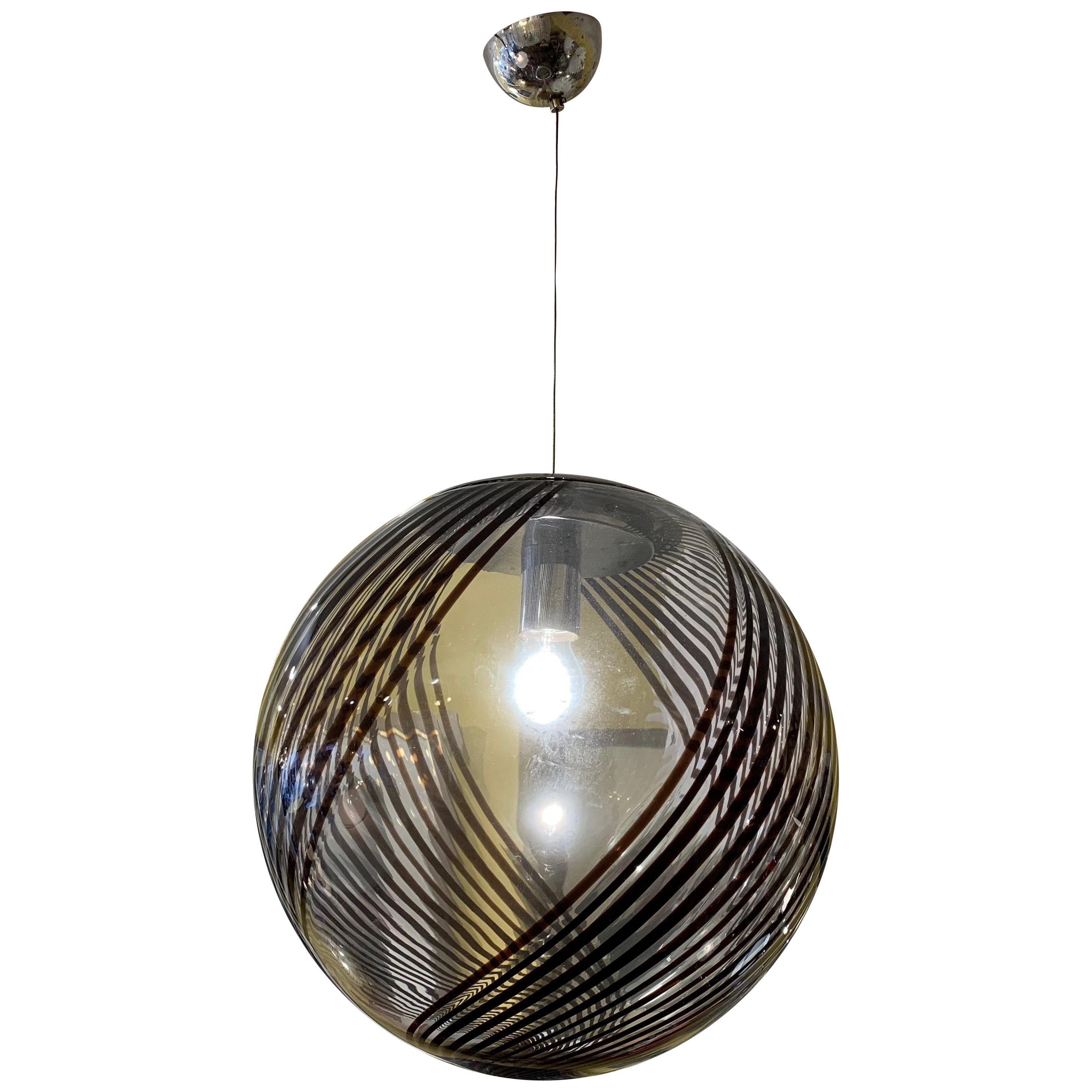 1970s Handblown Venini Style Black Swirled Glass Globe Ceiling Pendant Light