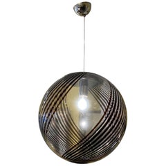 1970s Handblown Venini Style Black Swirled Glass Globe Ceiling Pendant Light