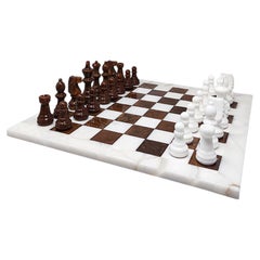 1970s Handcrafted Chess Set in Volterra Alabaster, Brown & White