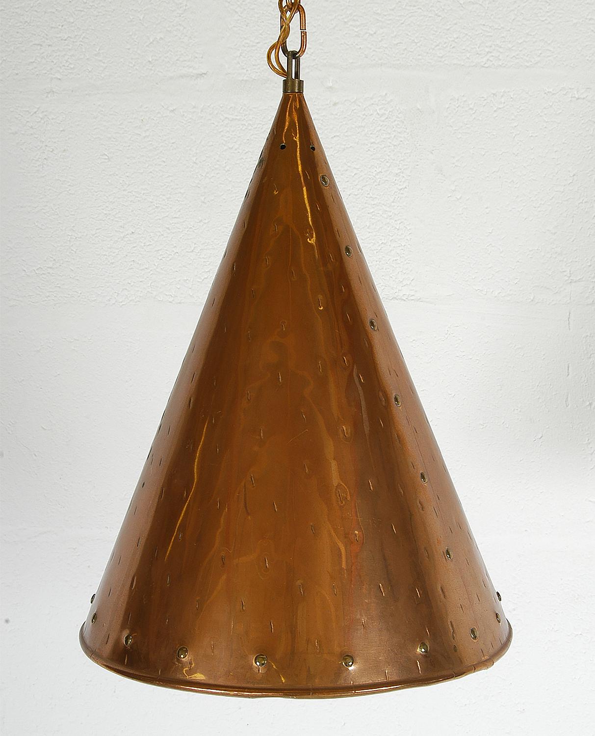 Scandinavian Modern 1970s Handcrafted Danish Copper Cone Ceiling Pendant Rustic by Th. Valentin