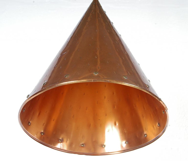 1970s Handcrafted Danish Copper Cone Ceiling Pendant Rustic by Th
