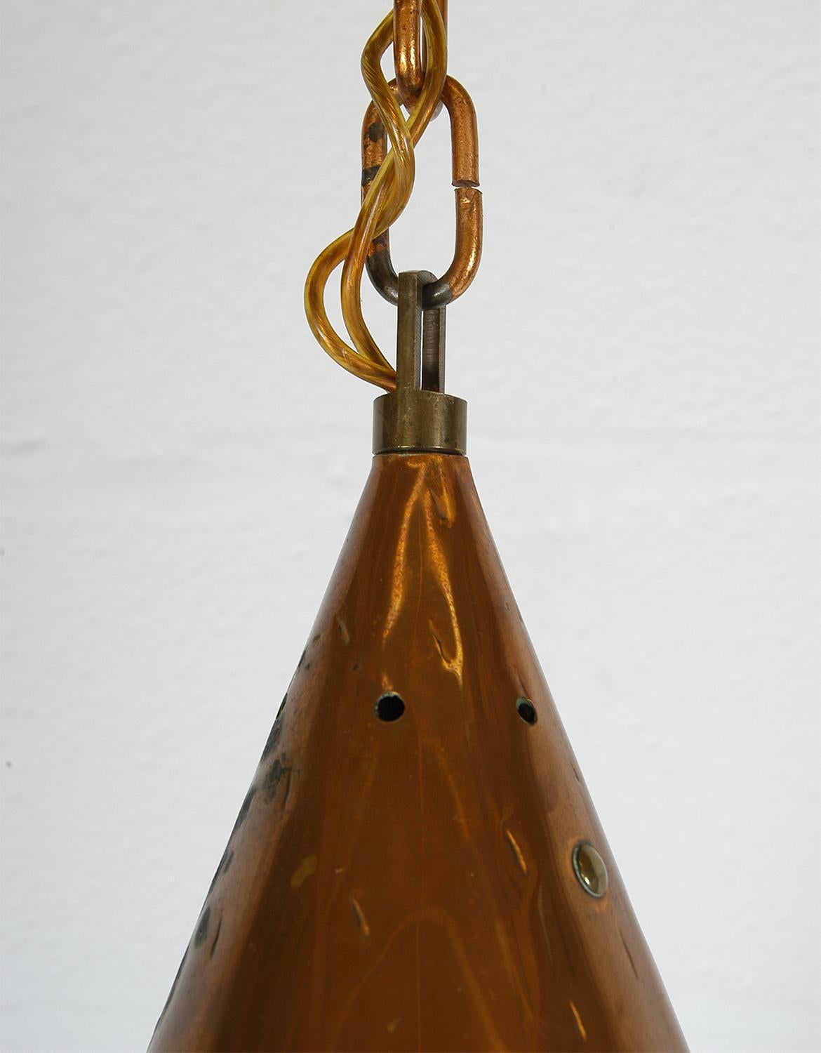 1970s Handcrafted Danish Copper Cone Ceiling Pendant Rustic by Th. Valentin 1