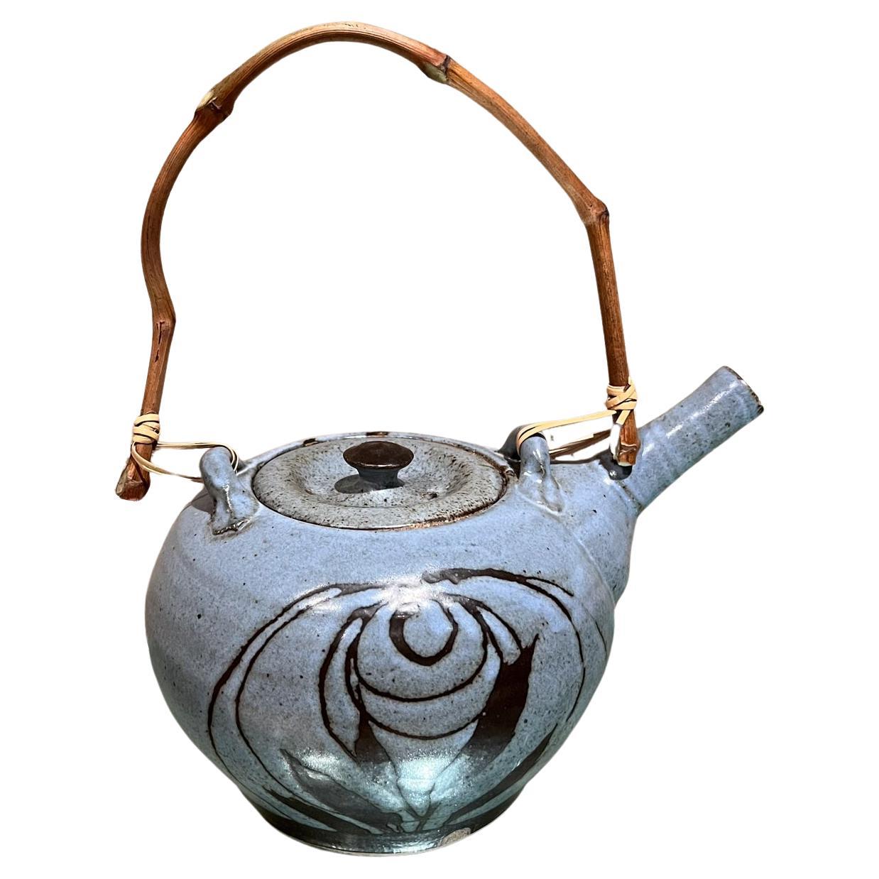 1970s Handcrafted Small Blue Tea Pot Studio Pottery Art 