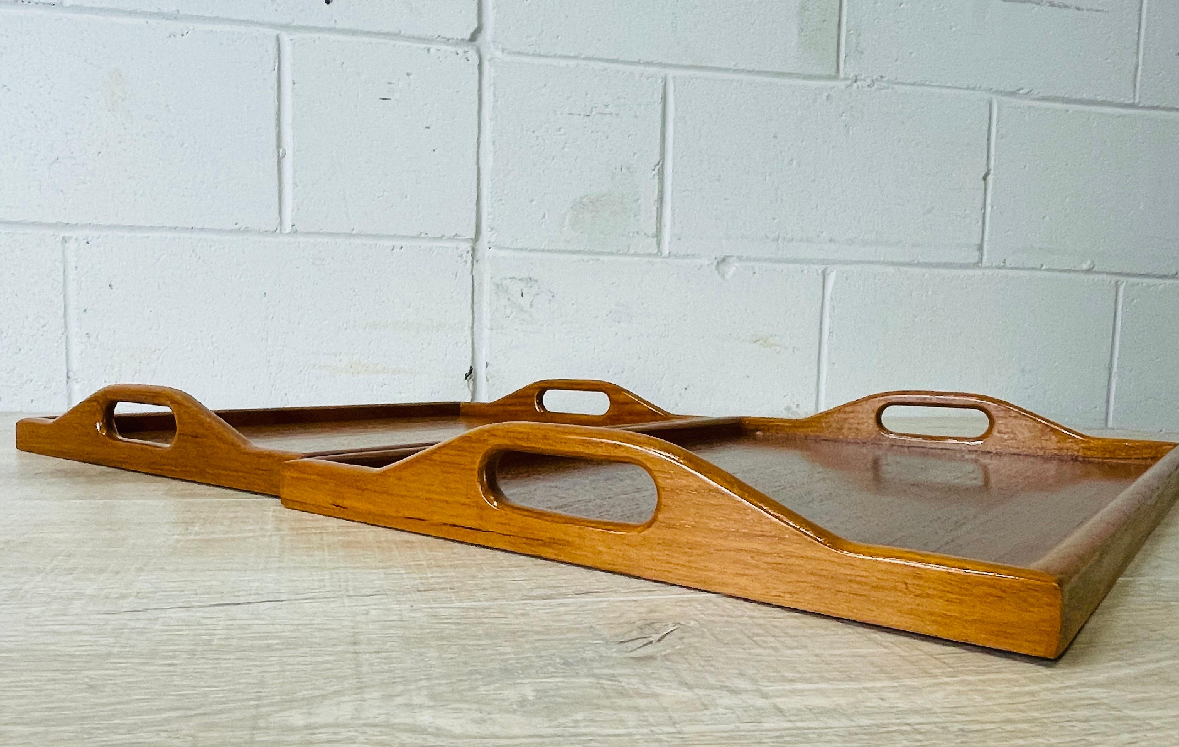 1970s Handled Teak Serving Trays, Pair In Good Condition For Sale In Amherst, NH