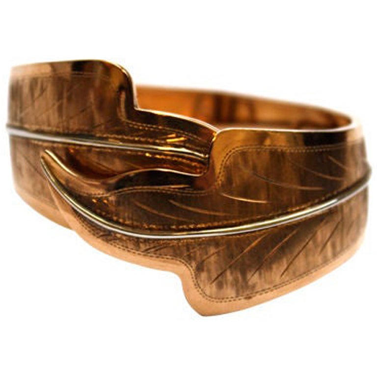 1970's handmade 18k rose gold engraved leaf cuff