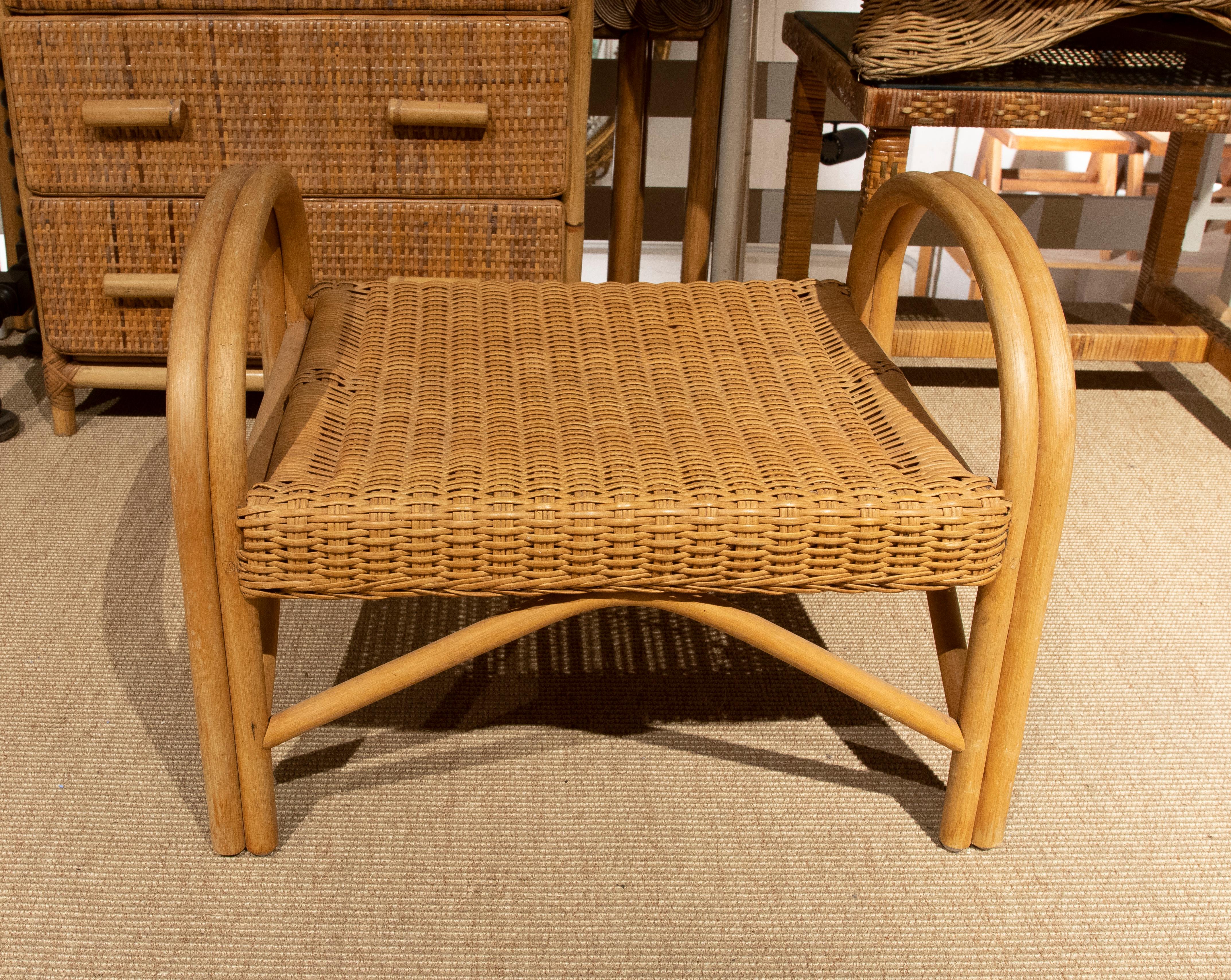 Spanish 1970s Handmade Bamboo and Wicker Bench For Sale