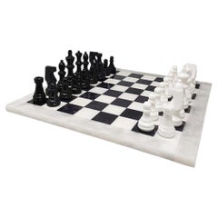 1970s Handmade Black and White Chess Set, Volterra Alabaster, Italy