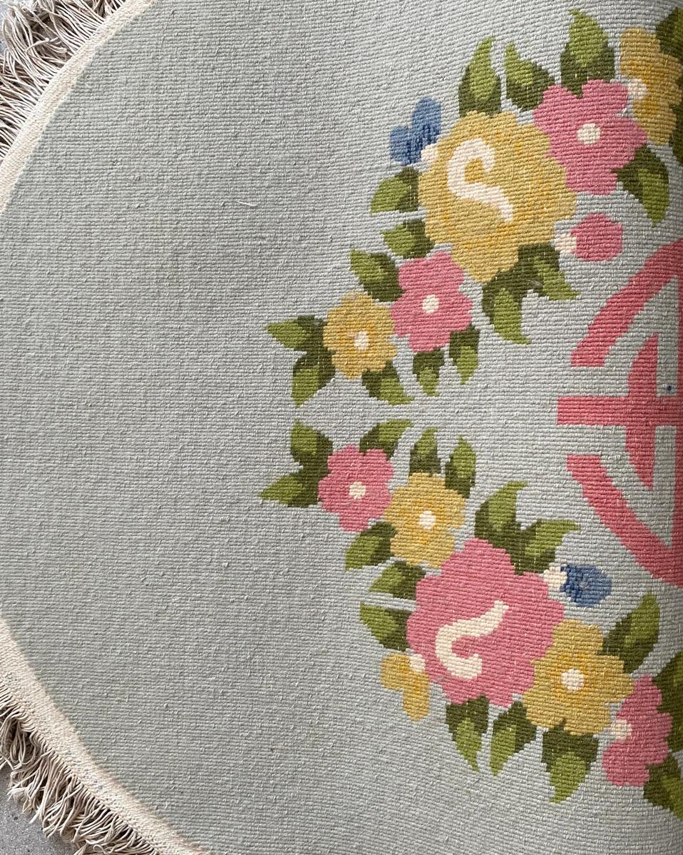 1970s Handmade Chinoiserie Chinese Rug with Fortune Symbals and Floral Design For Sale 2