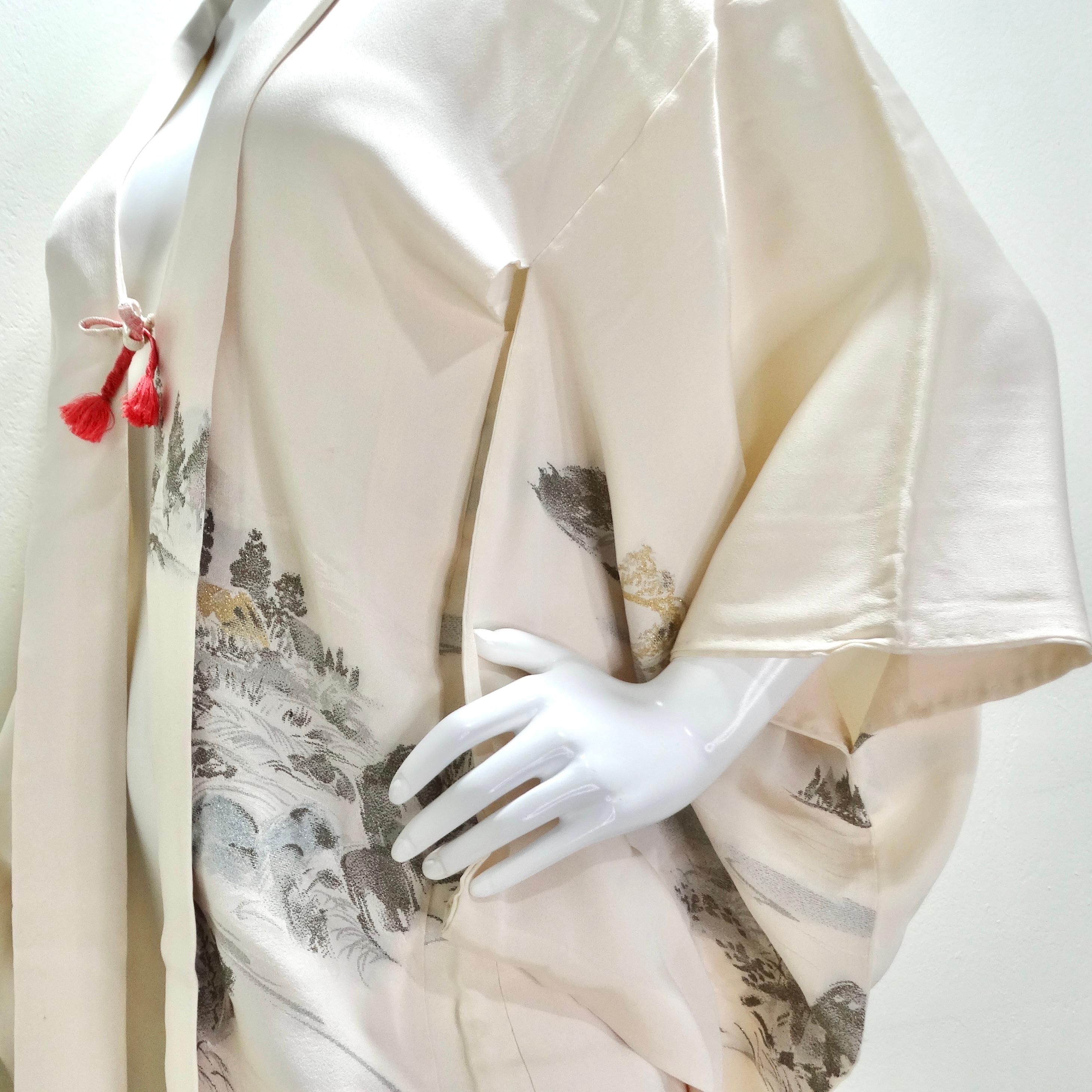 1970s Handmade Japanese Ivory Silk Kimono For Sale 6