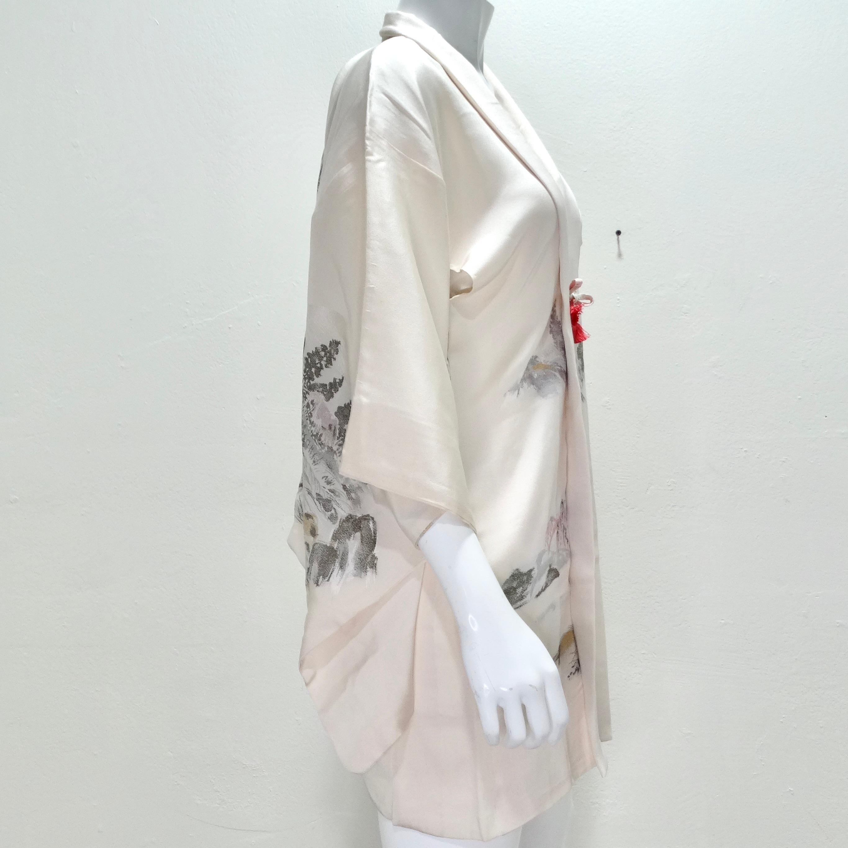 1970er Jahre Handgefertigter Japanischer Elfenbein Seiden Kimono im Angebot 2