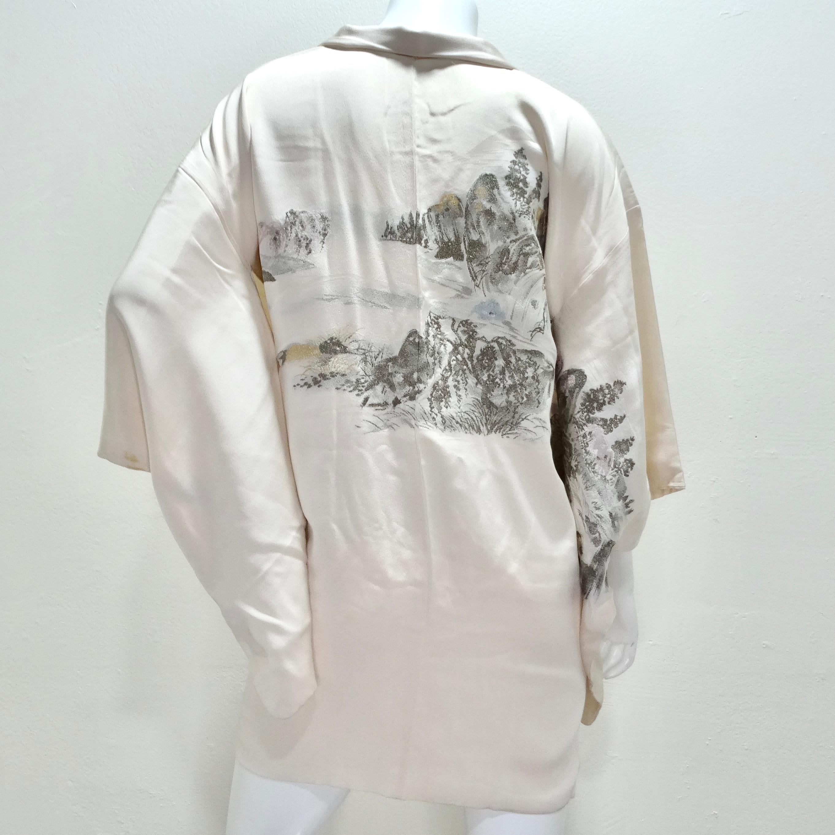 1970er Jahre Handgefertigter Japanischer Elfenbein Seiden Kimono im Angebot 4