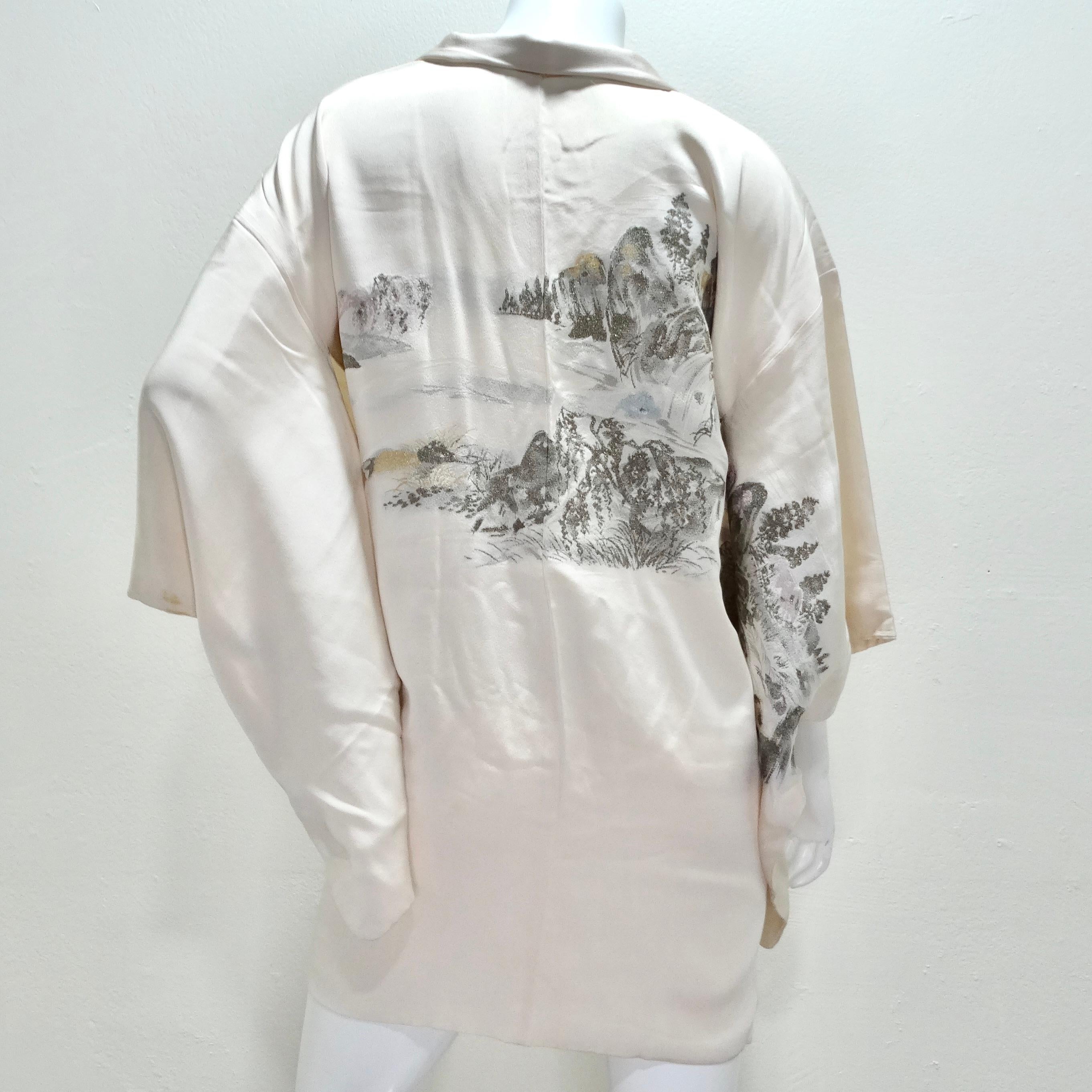 1970s Handmade Japanese Ivory Silk Kimono For Sale 3