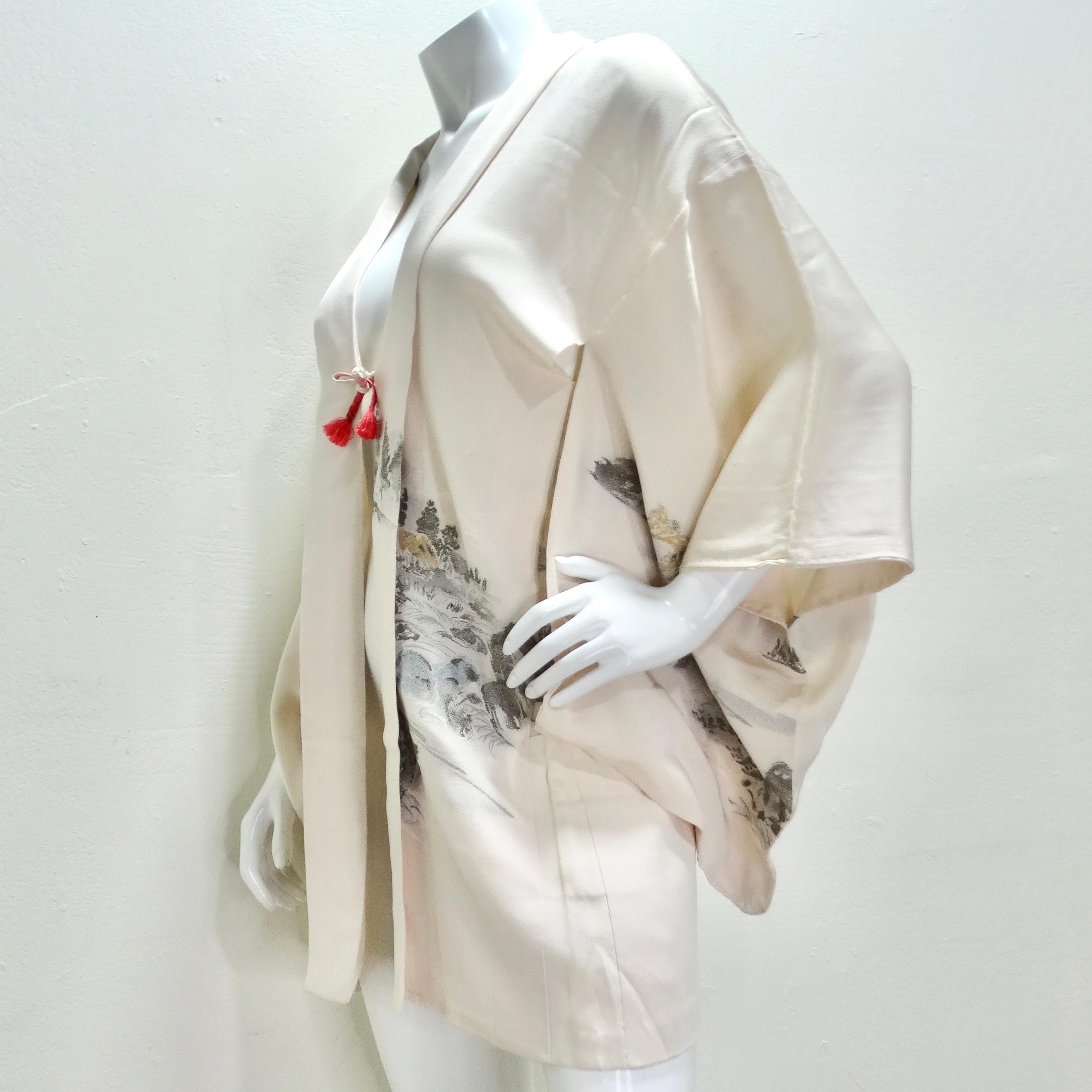 1970er Jahre Handgefertigter Japanischer Elfenbein Seiden Kimono im Angebot 5