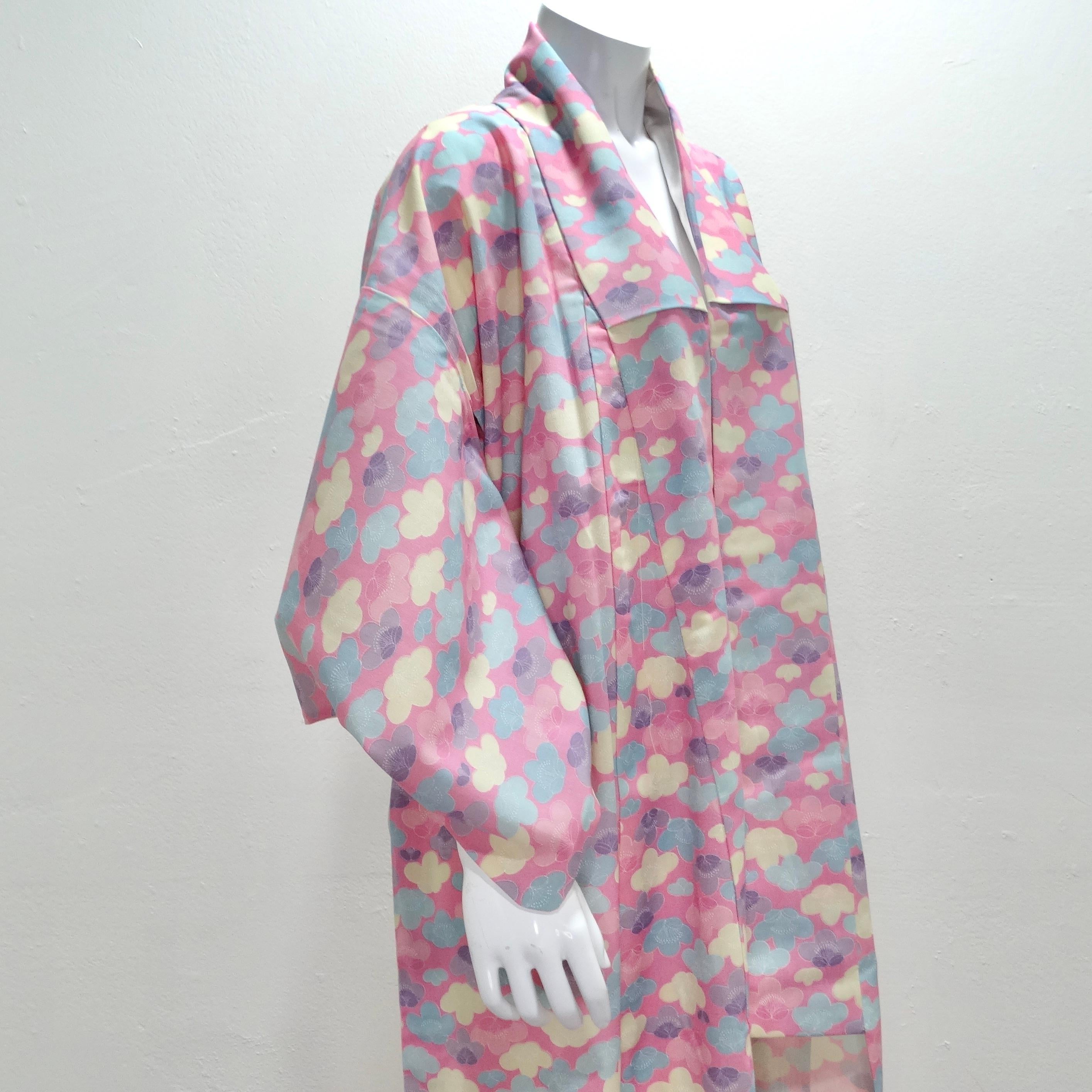 1970er Handgefertigter japanischer langer Kimono aus rosa Baumwolle für Damen oder Herren im Angebot
