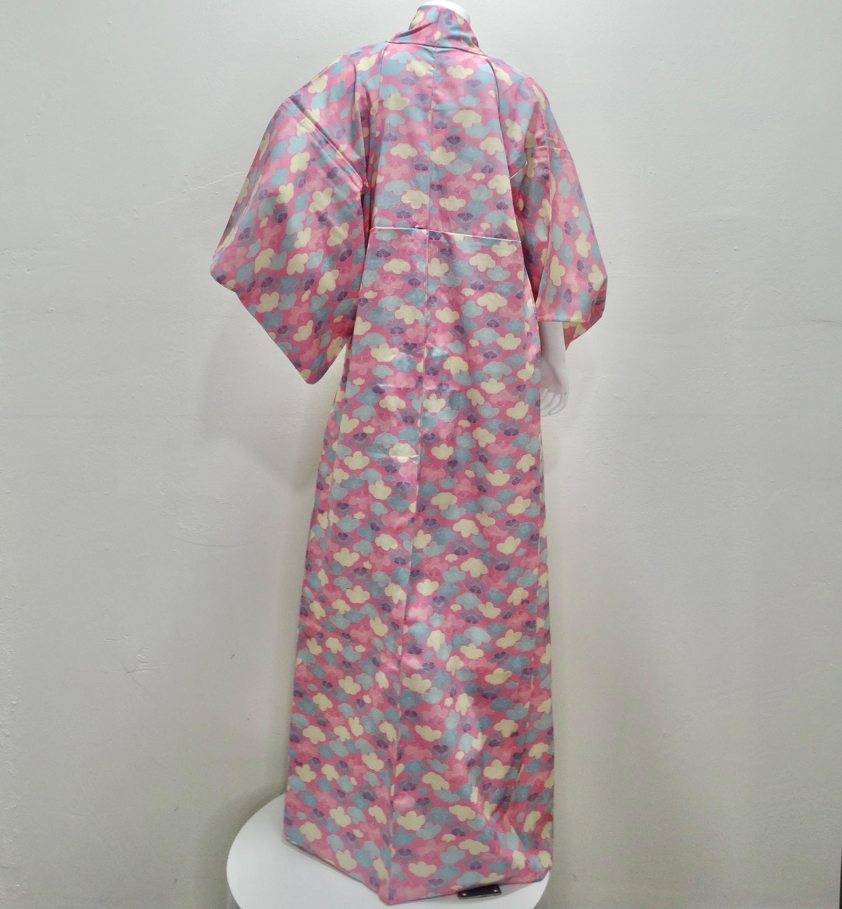 1970er Handgefertigter japanischer langer Kimono aus rosa Baumwolle im Angebot 1